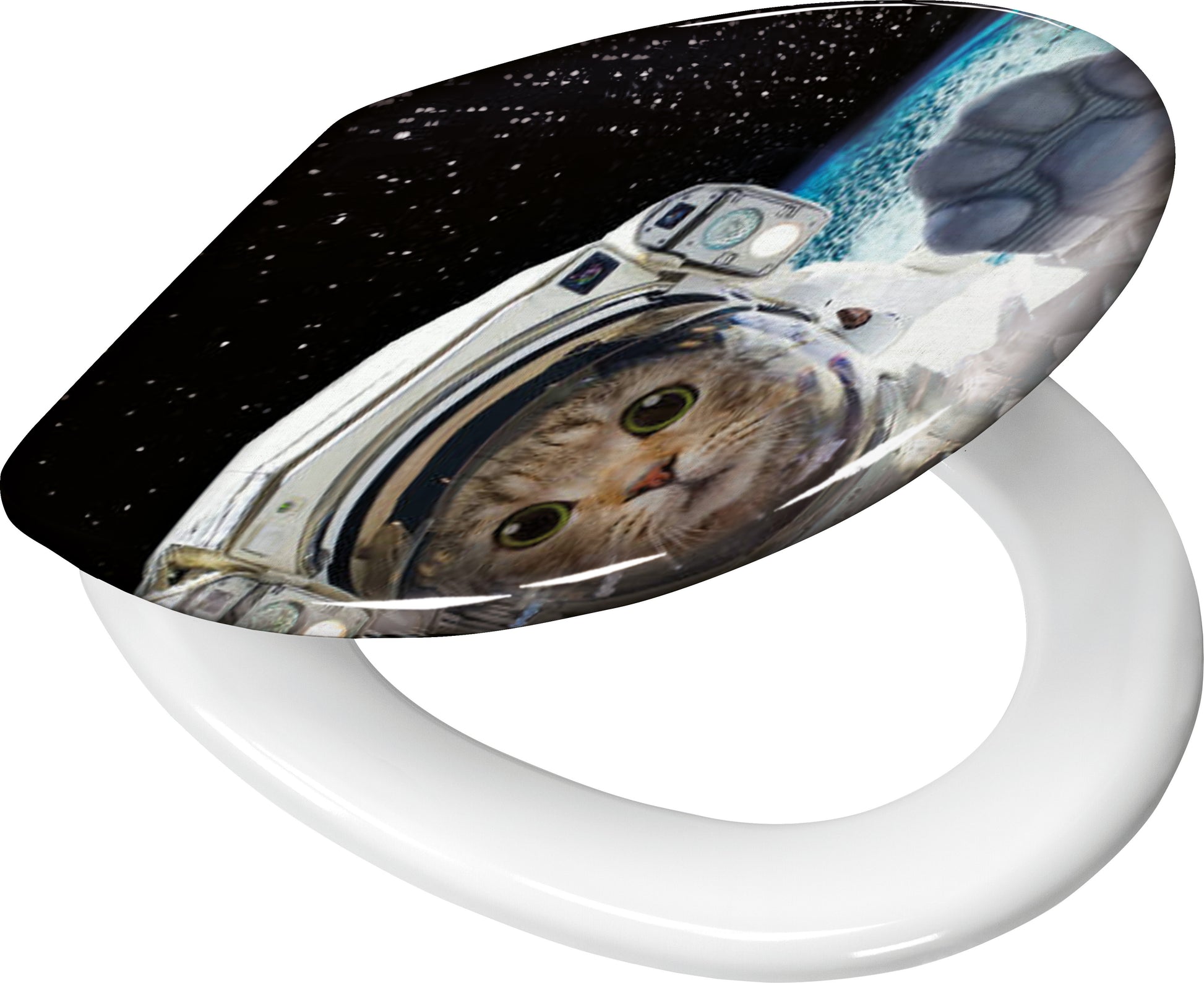 Toilettensitz mit Motiv einer Katze im Astronautenanzug im Weltraum