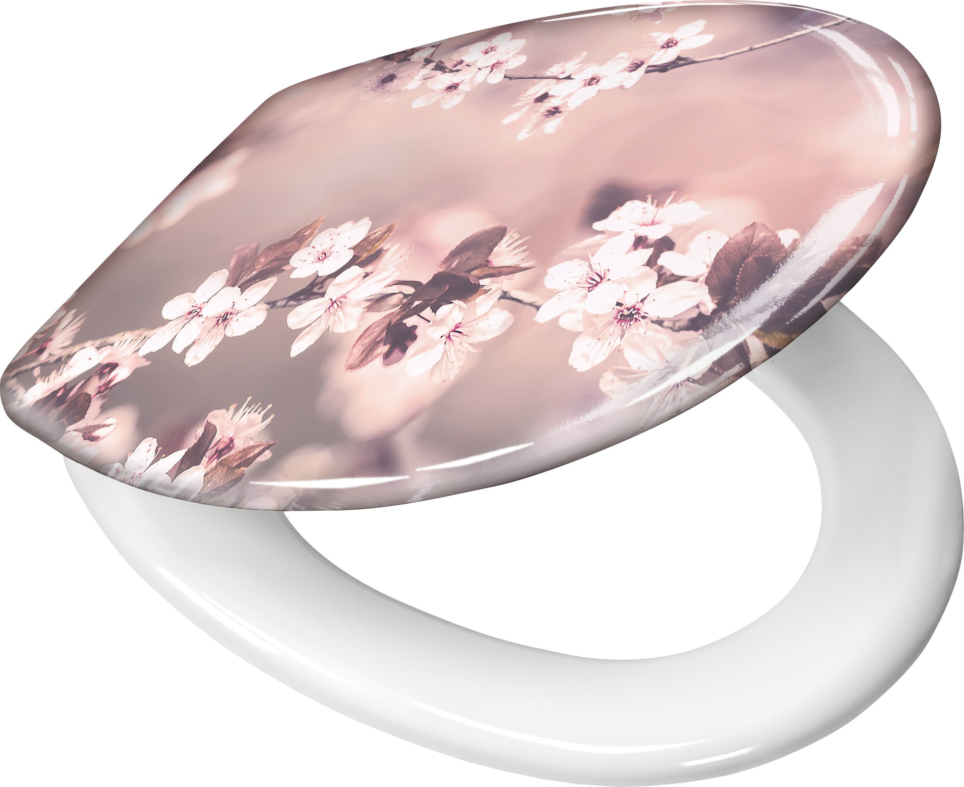 Toilettensitz mit weißer Brille und rosa Kirschblütenmotiv auf Deckel