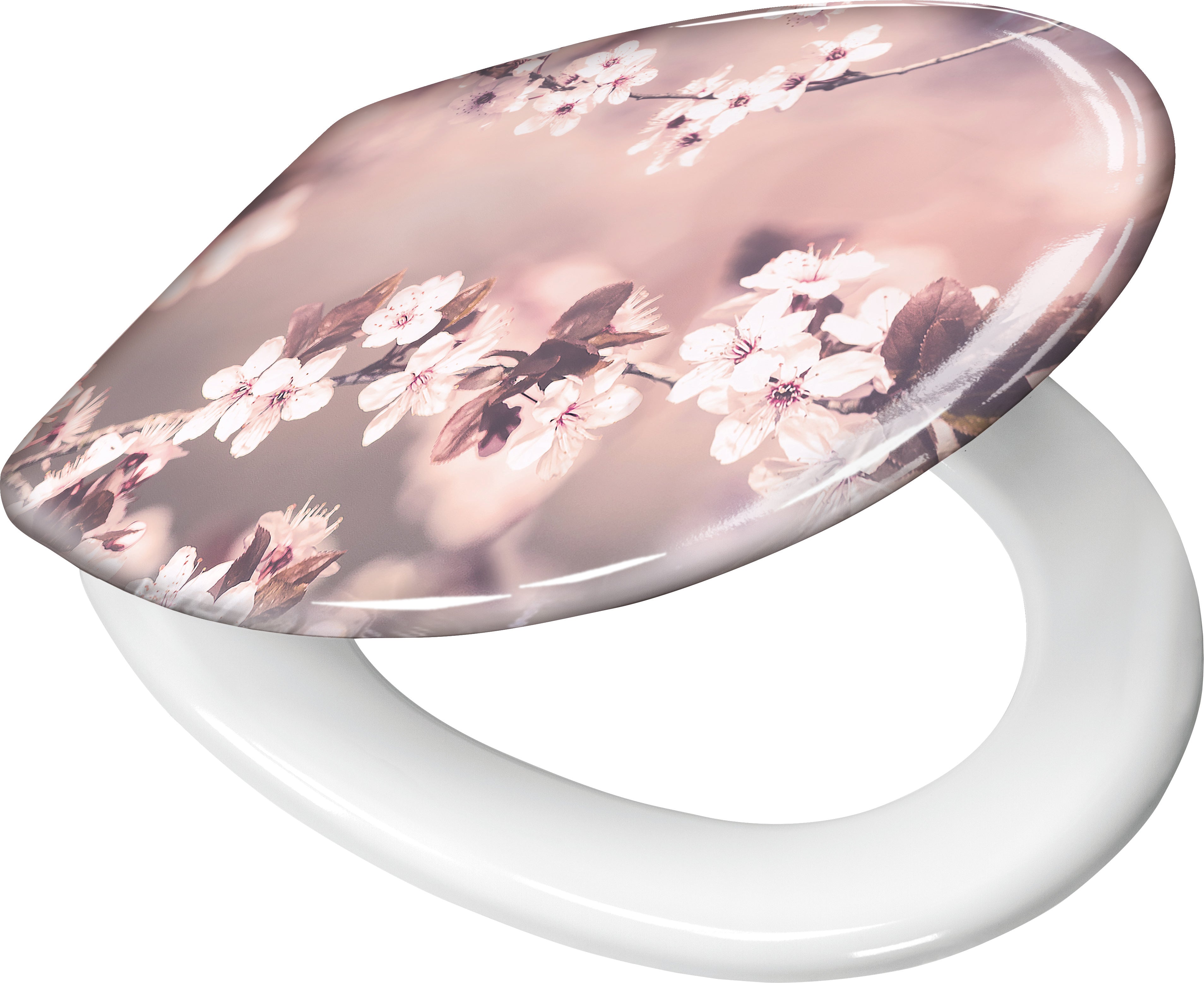 Toilettensitz mit weißer Brille und rosa Kirschblütenmotiv auf Deckel