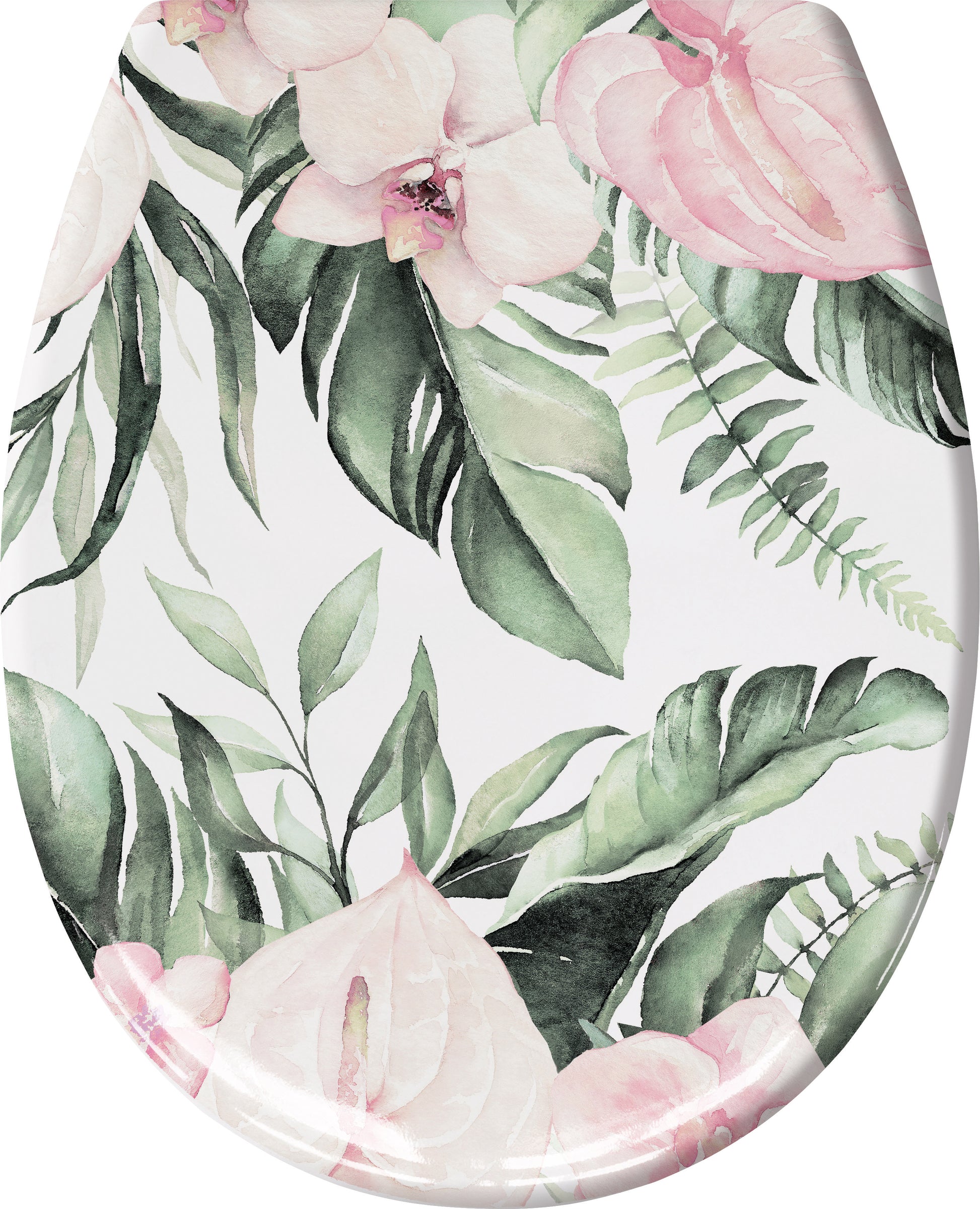 Toilettensitz mit rosa Blüten und grünen Blättern auf weißem Grund