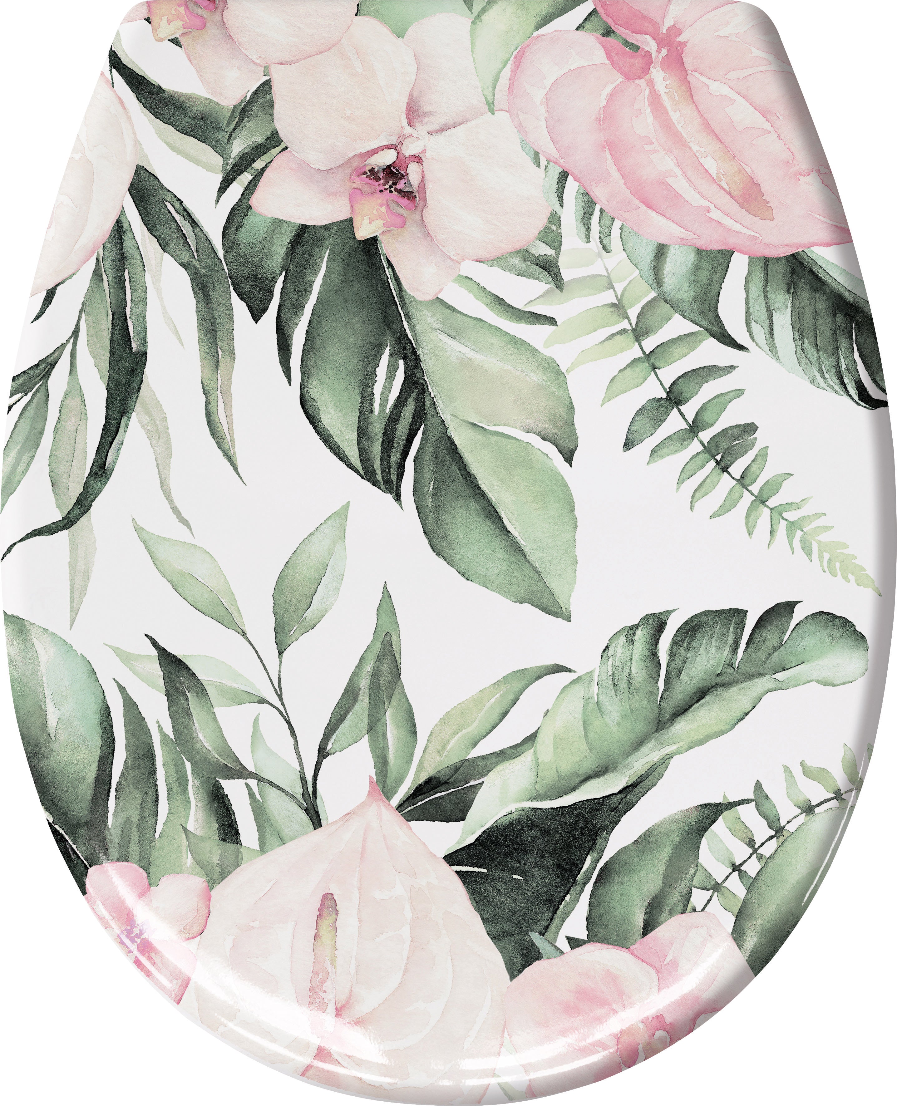 Toilettensitz mit rosa Blüten und grünen Blättern auf weißem Grund