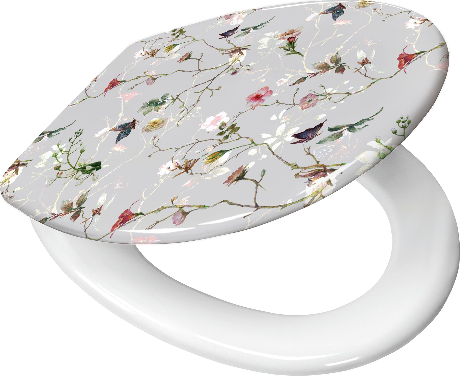 WC-Sitz mit hellgrauem Deckel und zartem Blumen- und Zweigmusterdekor