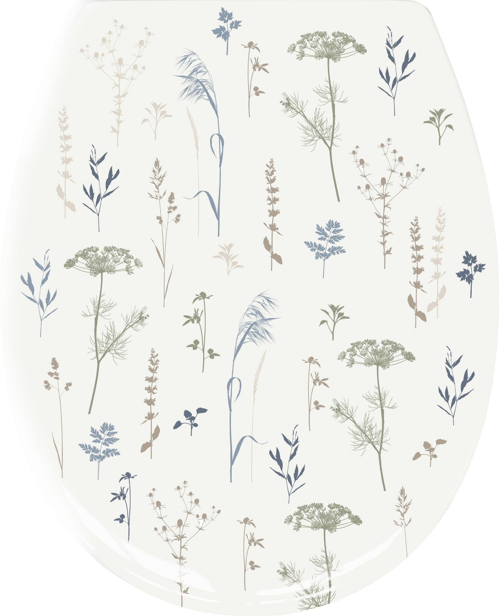 WC-Sitz mit zarten Wiesenblumen in Beige, Blau und Grün dekoriert