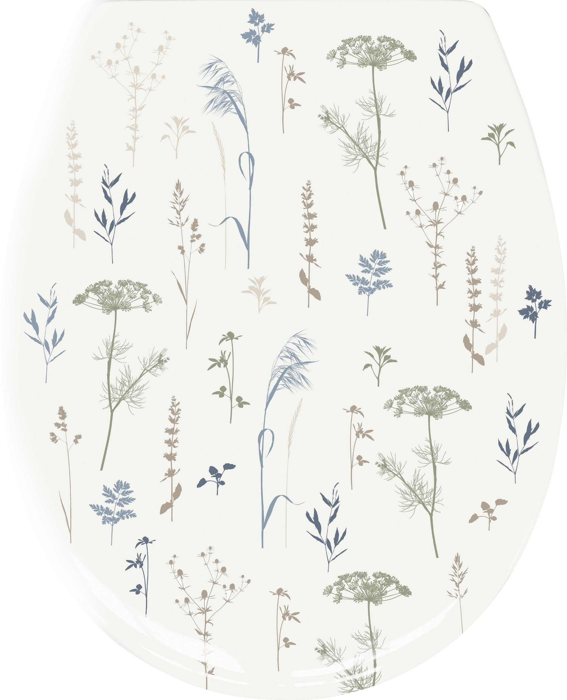 WC-Sitz mit zarten Wiesenblumen in Beige, Blau und Grün dekoriert