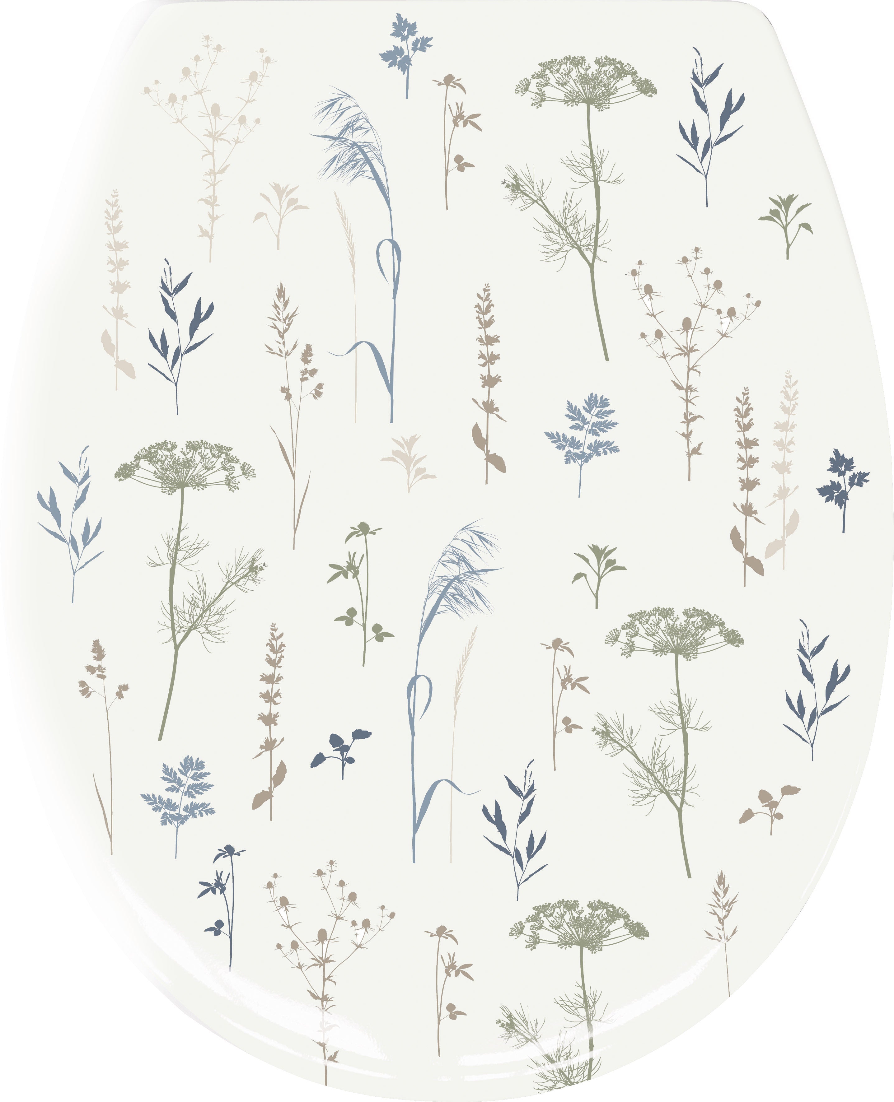 WC-Sitz mit zarten Wiesenblumen in Beige, Blau und Grün dekoriert