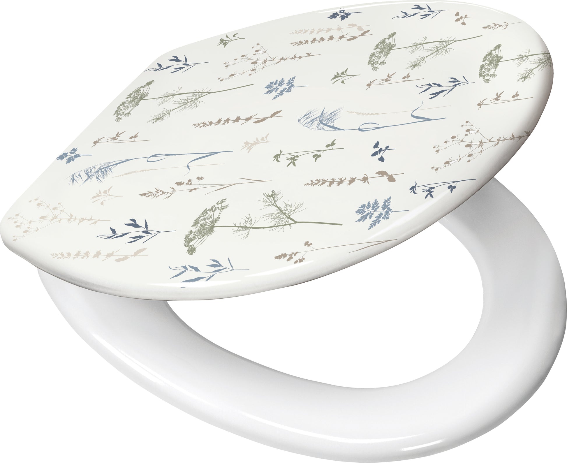 WC-Sitz mit weißem Deckel und feinen floralen Blumen- und Gräsermotiven