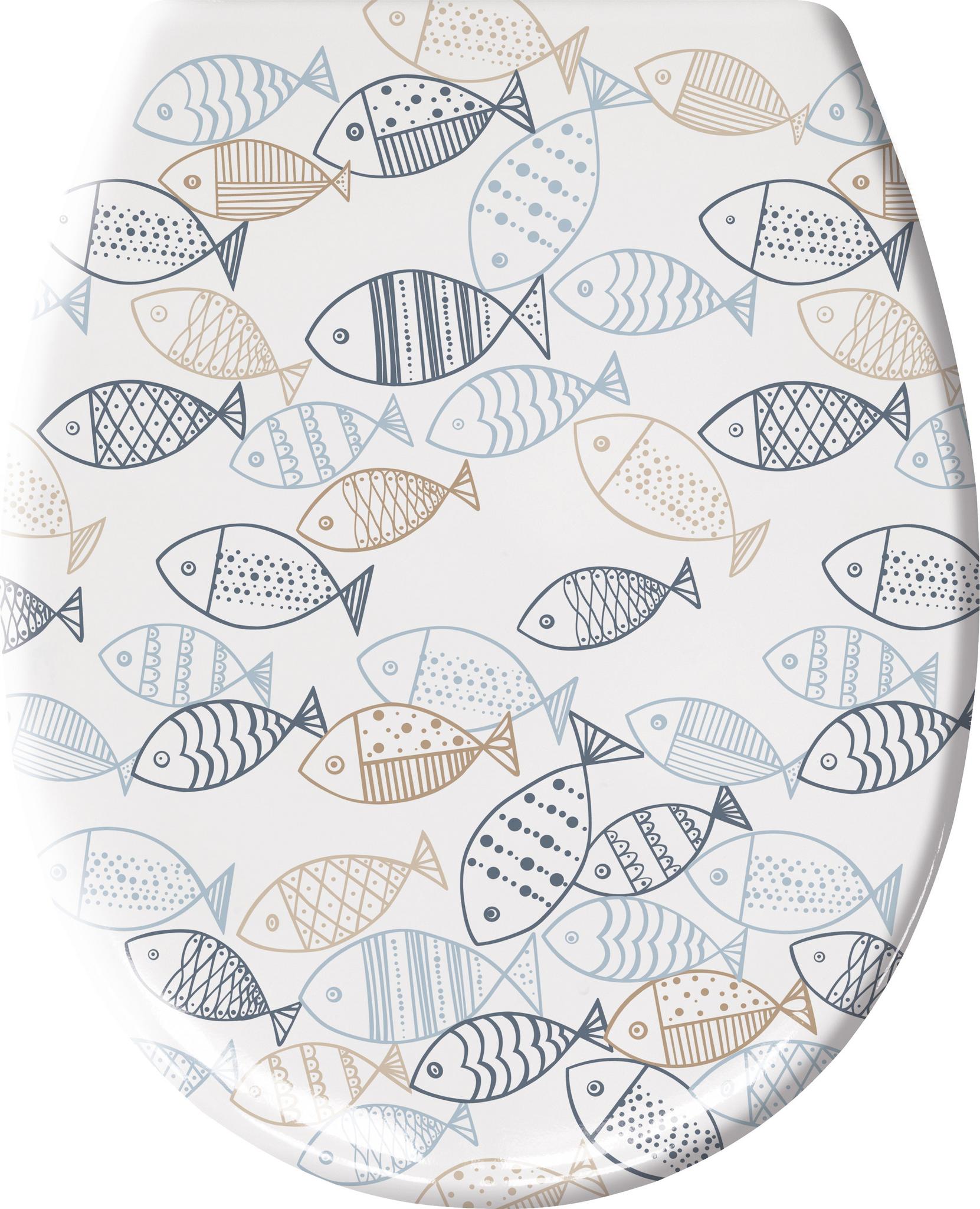 WC-Sitz aus Weiß mit blau-beigen Fischmotiven in verschiedenen Mustern darauf