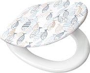 Weißer WC-Sitz mit buntem Fischmuster in Blau-, Beige- und Grautönen