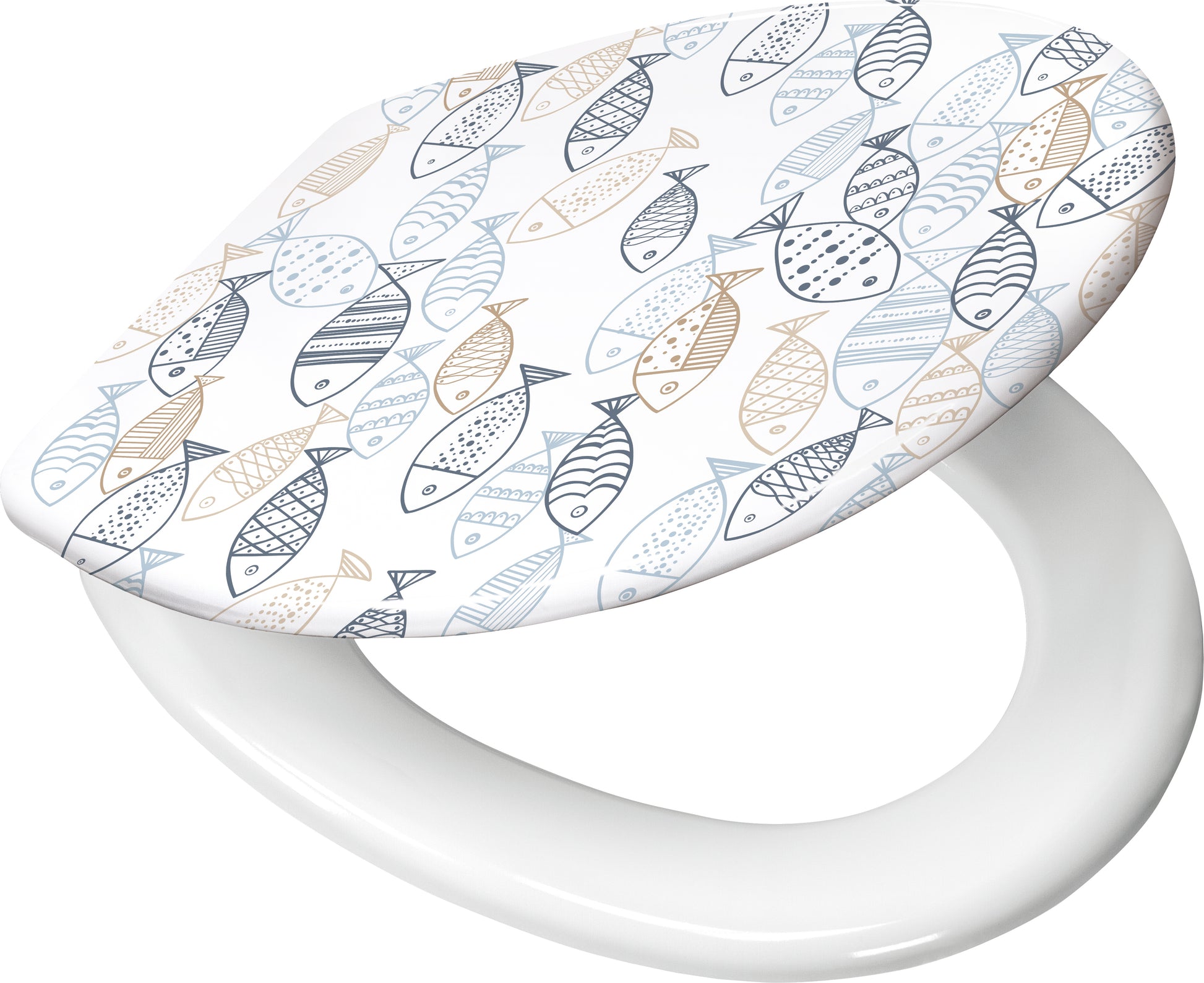 WC-Sitz SARDINAS Multicolor mit Fischmotiv und Absenkautomatik auf weißer Toilettenschüssel.