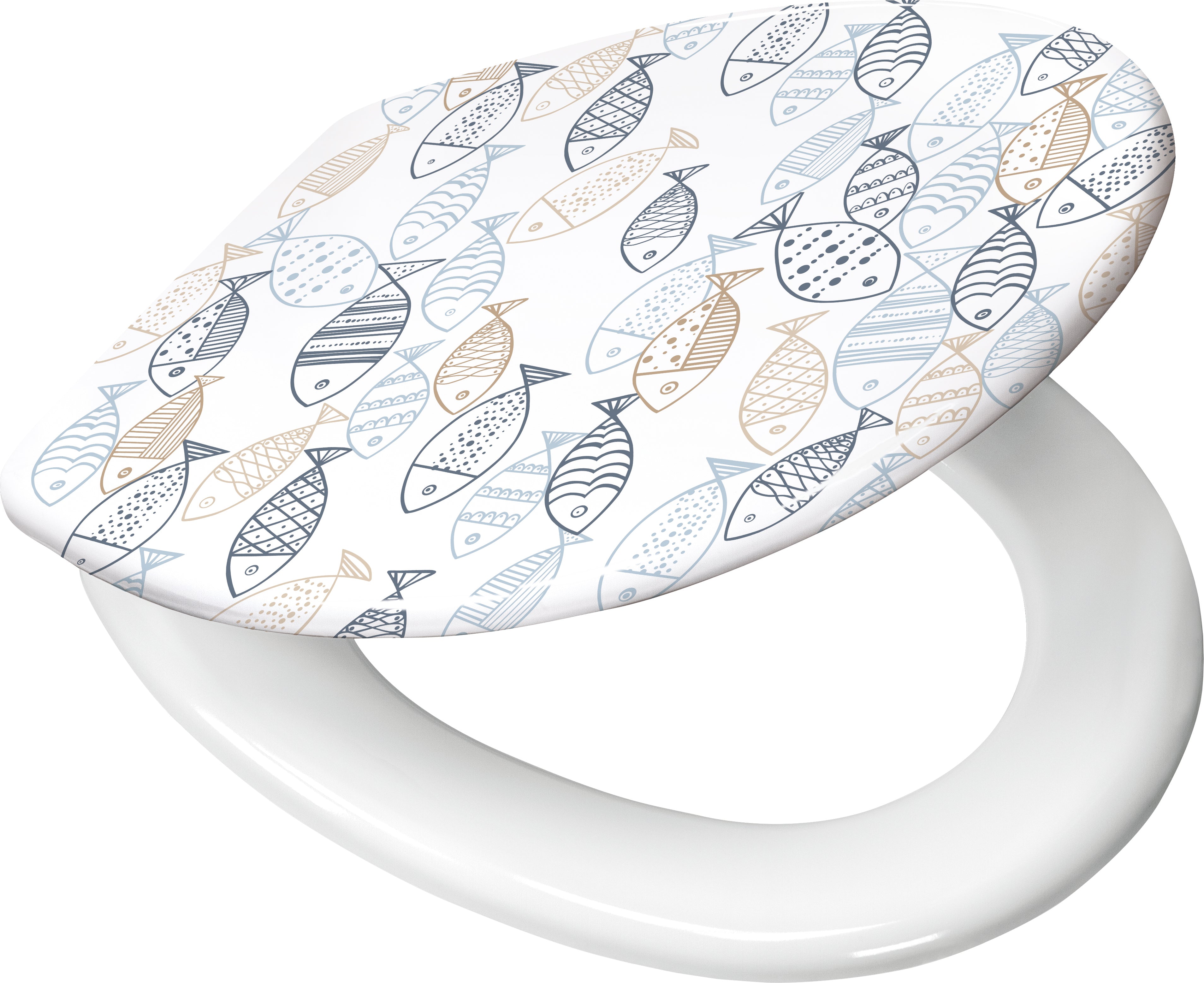 WC-Sitz SARDINAS Multicolor mit Fischmotiv und Absenkautomatik auf weißer Toilettenschüssel.