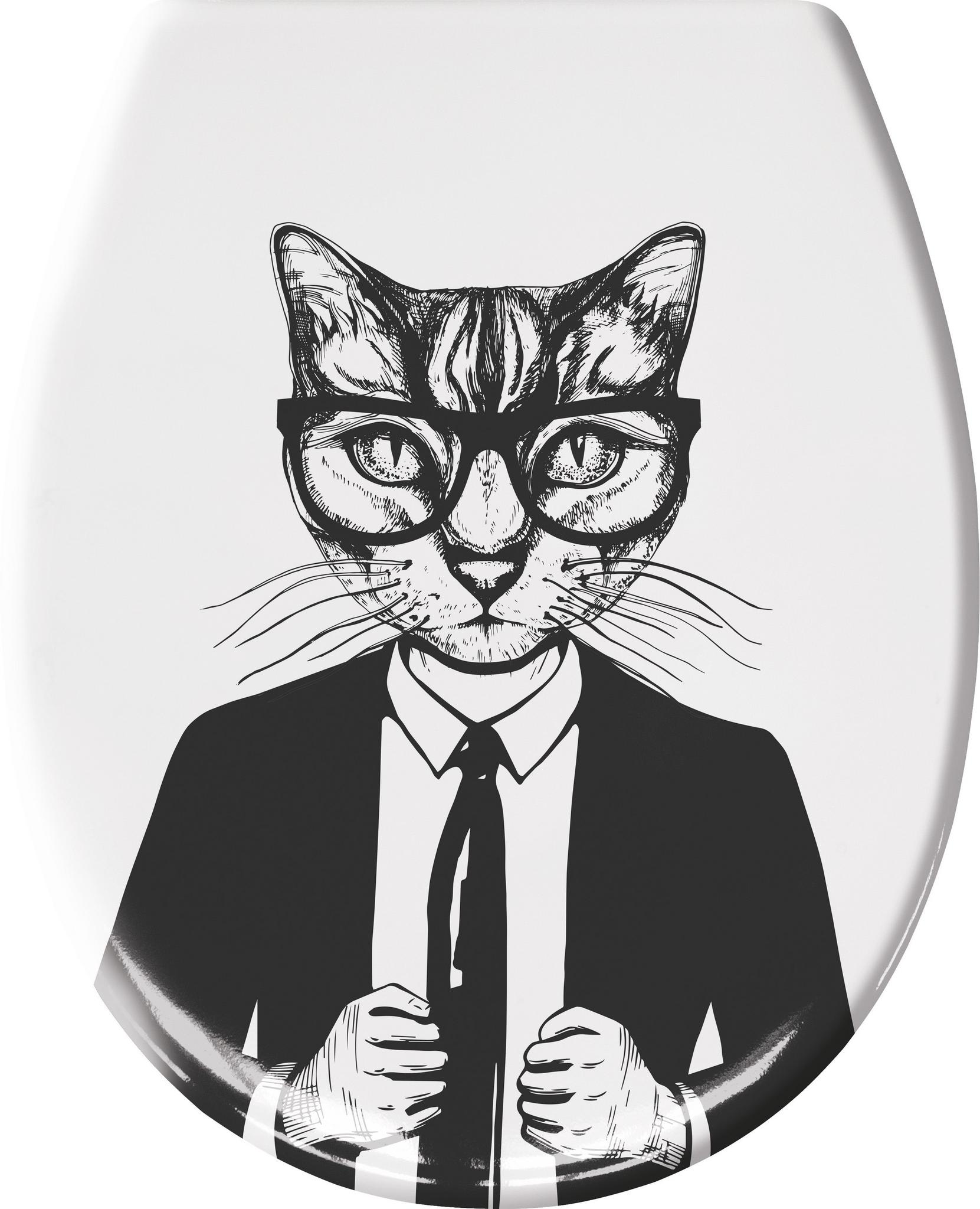 WC-Sitzdeckel mit Illustration einer Katze im Anzug und Brille