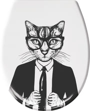 WC-Sitzdeckel mit Illustration einer Katze im Anzug und Brille