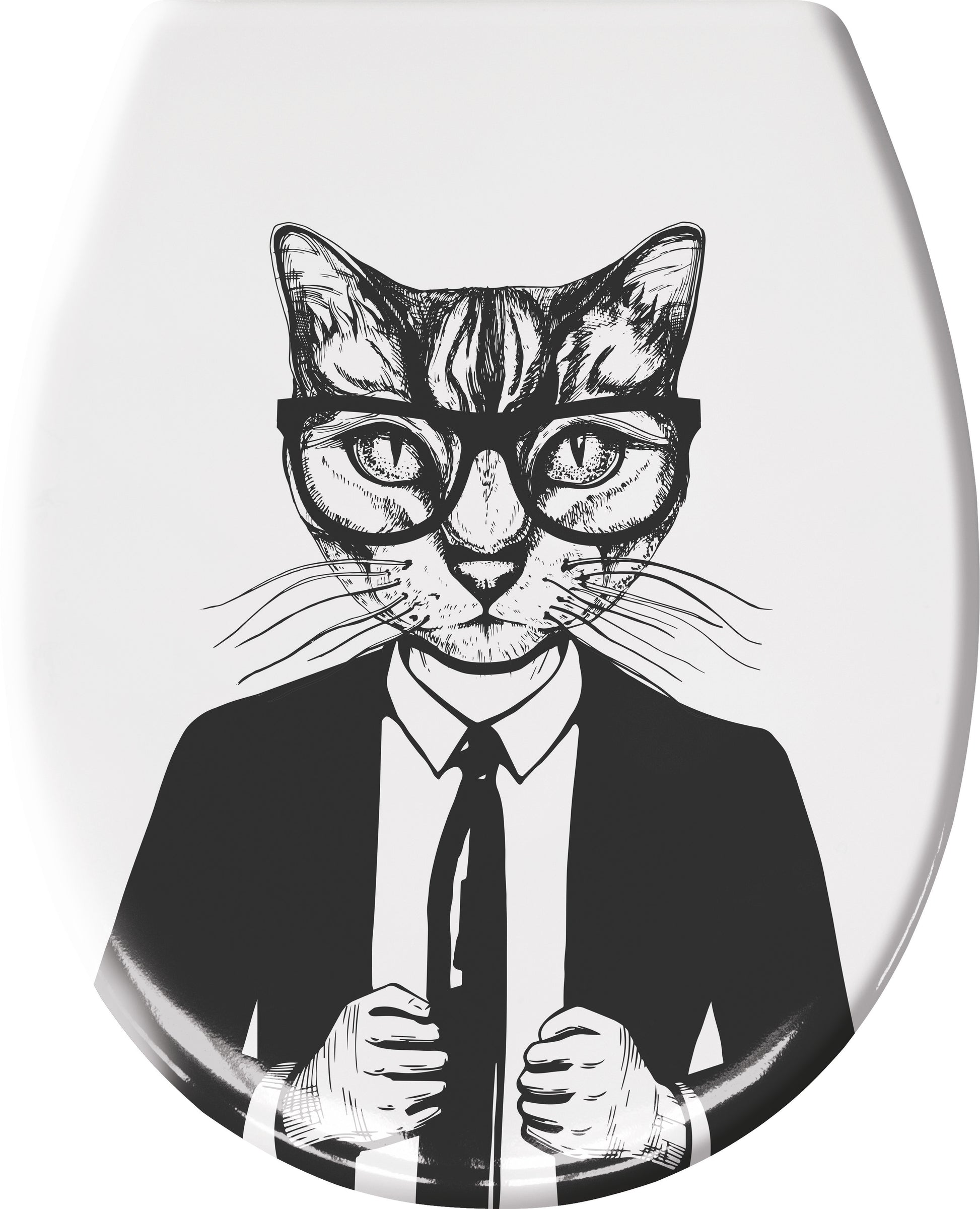 WC-Sitzdeckel mit Illustration einer Katze im Anzug und Brille