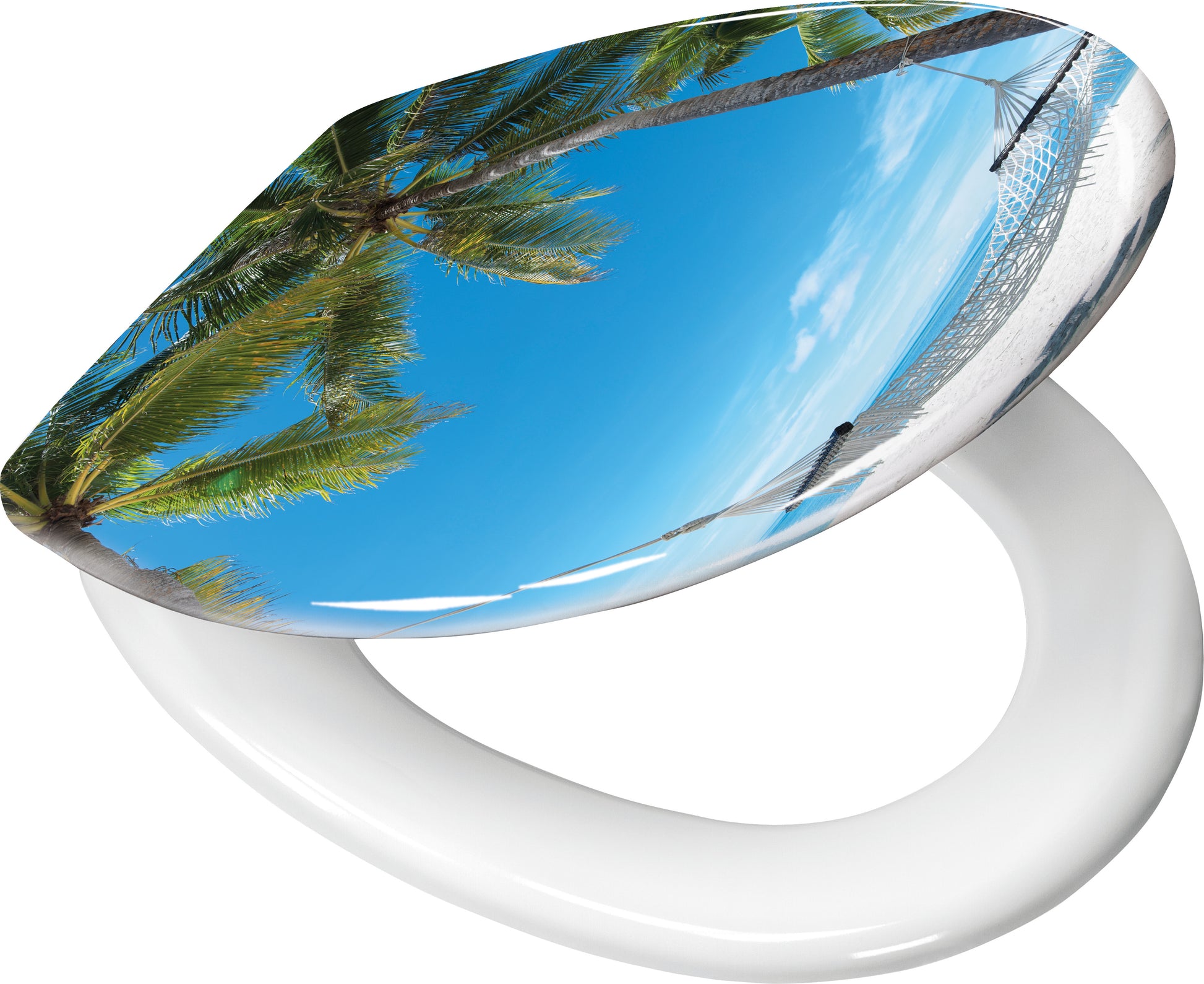 WC-Sitz mit Strandmotiv, Palmen und Hängematte am sonnigen, blauen Meer