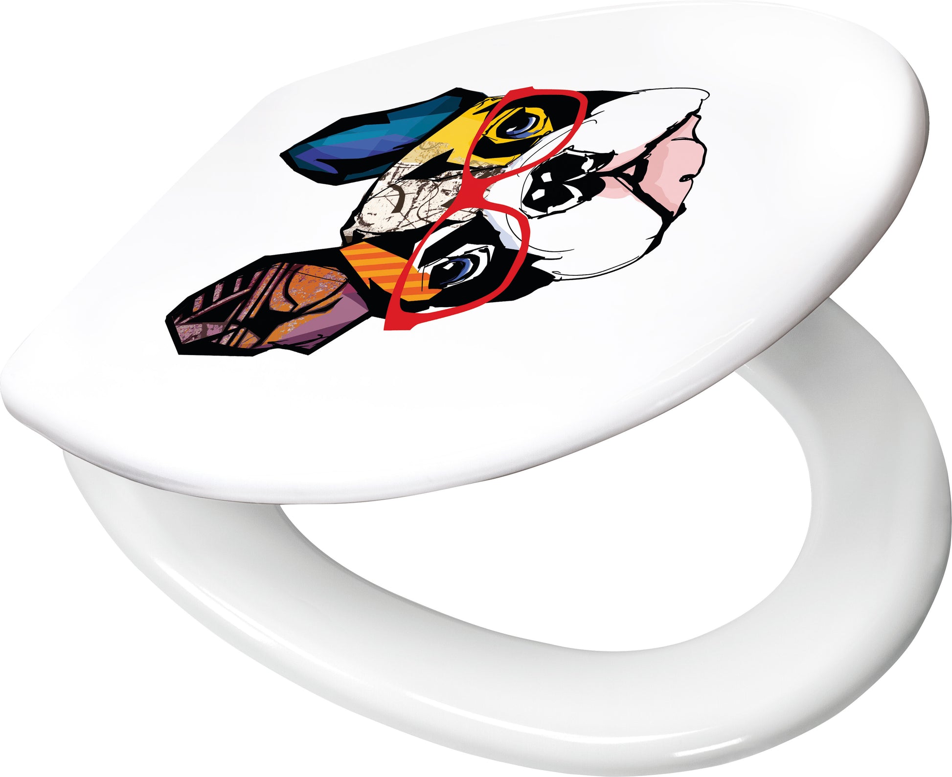 Weißer WC-Sitz mit buntem Hundemotiv und roten Brillen auf dem Deckel