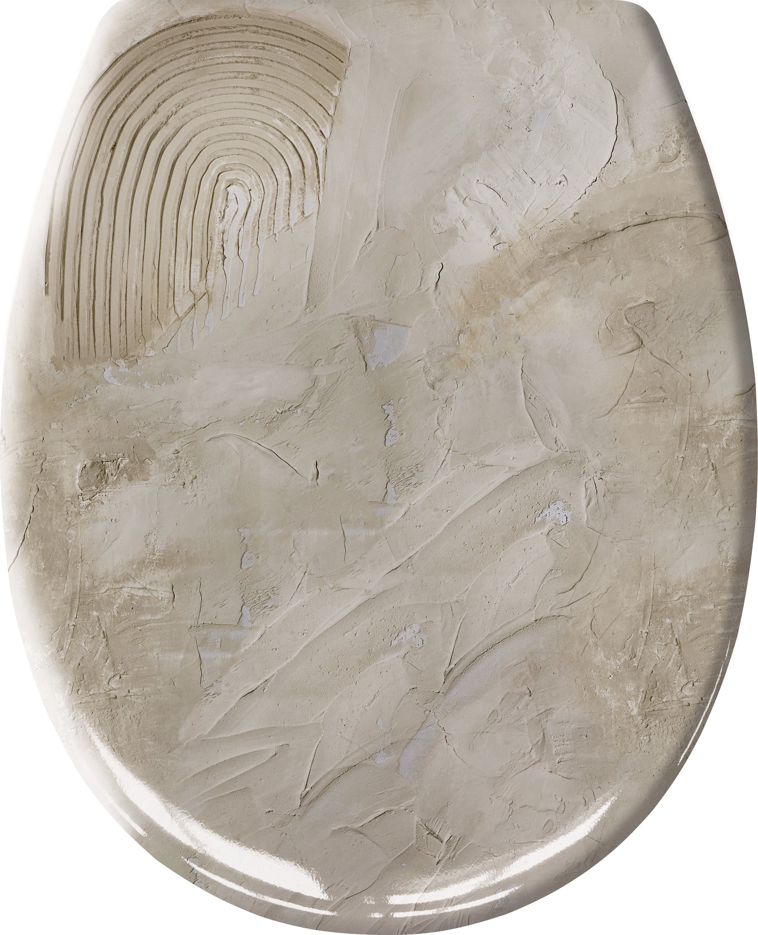 WC-Sitz ART Natur mit strukturierter Steinoptik und Fingerabdruckmuster ist von oben zu sehen.