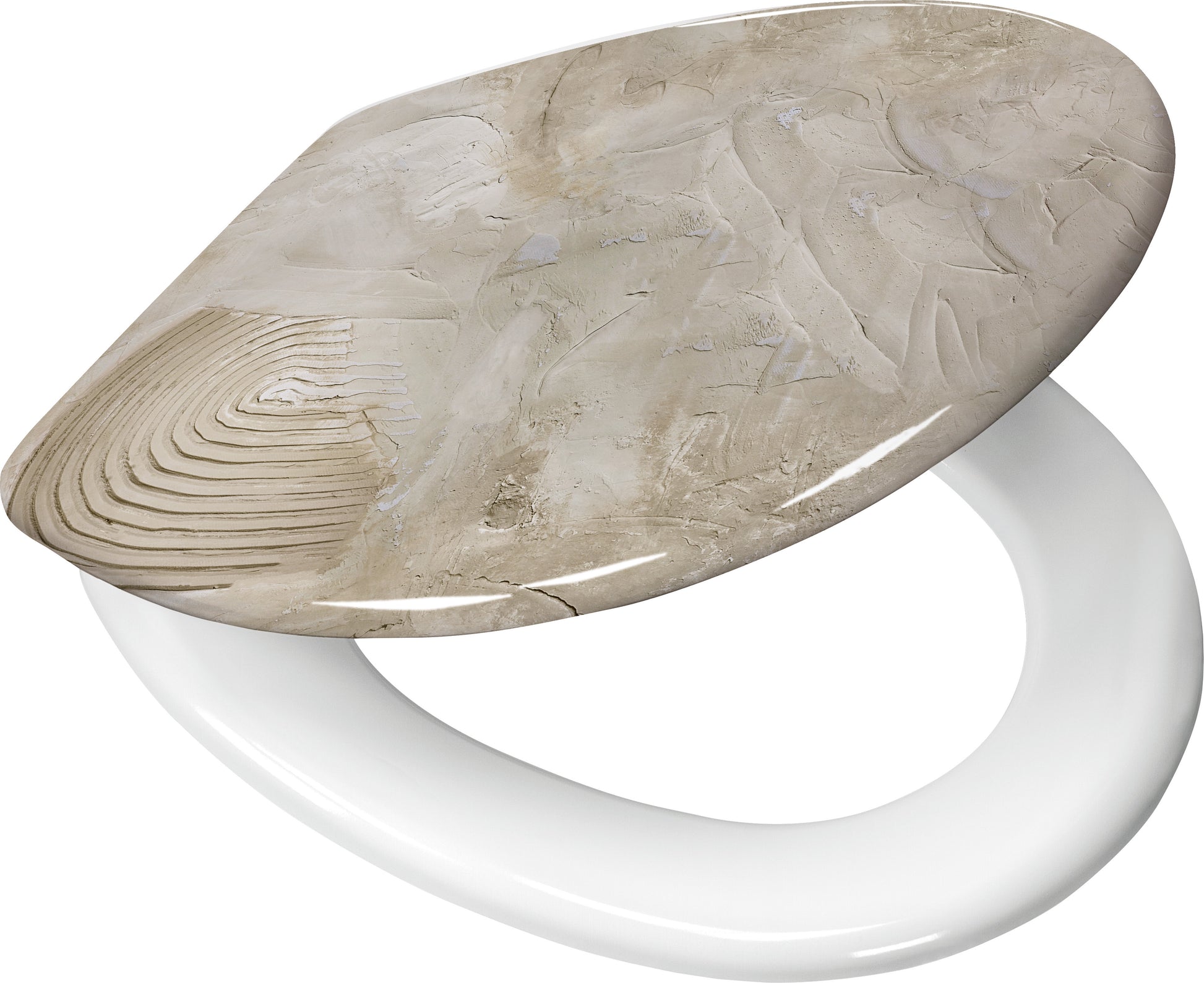 WC-Sitz ART Natur mit Strukturdeckel in Steinoptik und weißer Brille ist von schräg oben zu sehen.