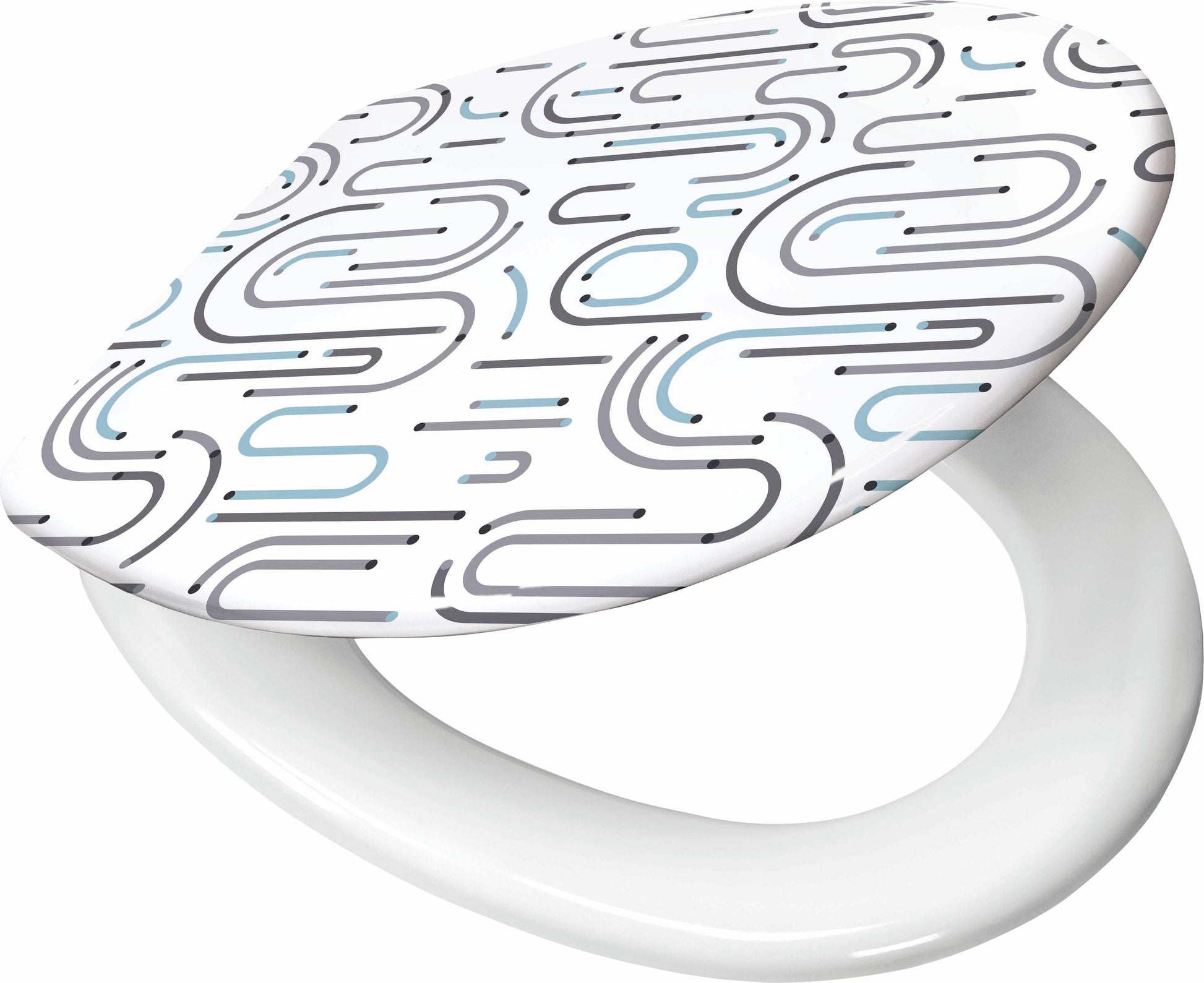 WC-Sitz VISION Grau mit Absenkautomatik in Weiß mit grauen und blauen Linien ist halb geöffnet zu sehen.