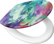 WC-Sitz mit abstraktem, mehrfarbig marmoriertem Deckel in Pastellfarben