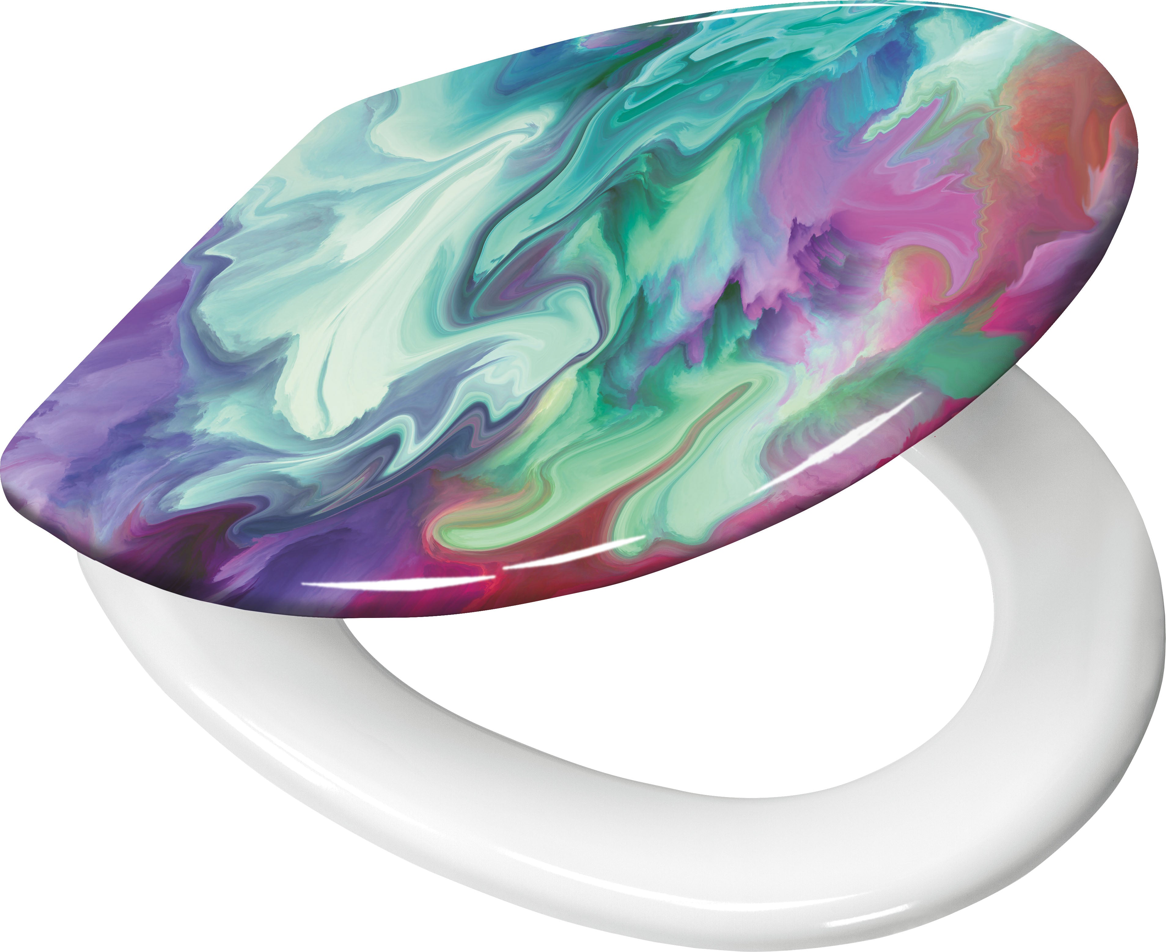 WC-Sitz mit abstraktem, mehrfarbig marmoriertem Deckel in Pastellfarben