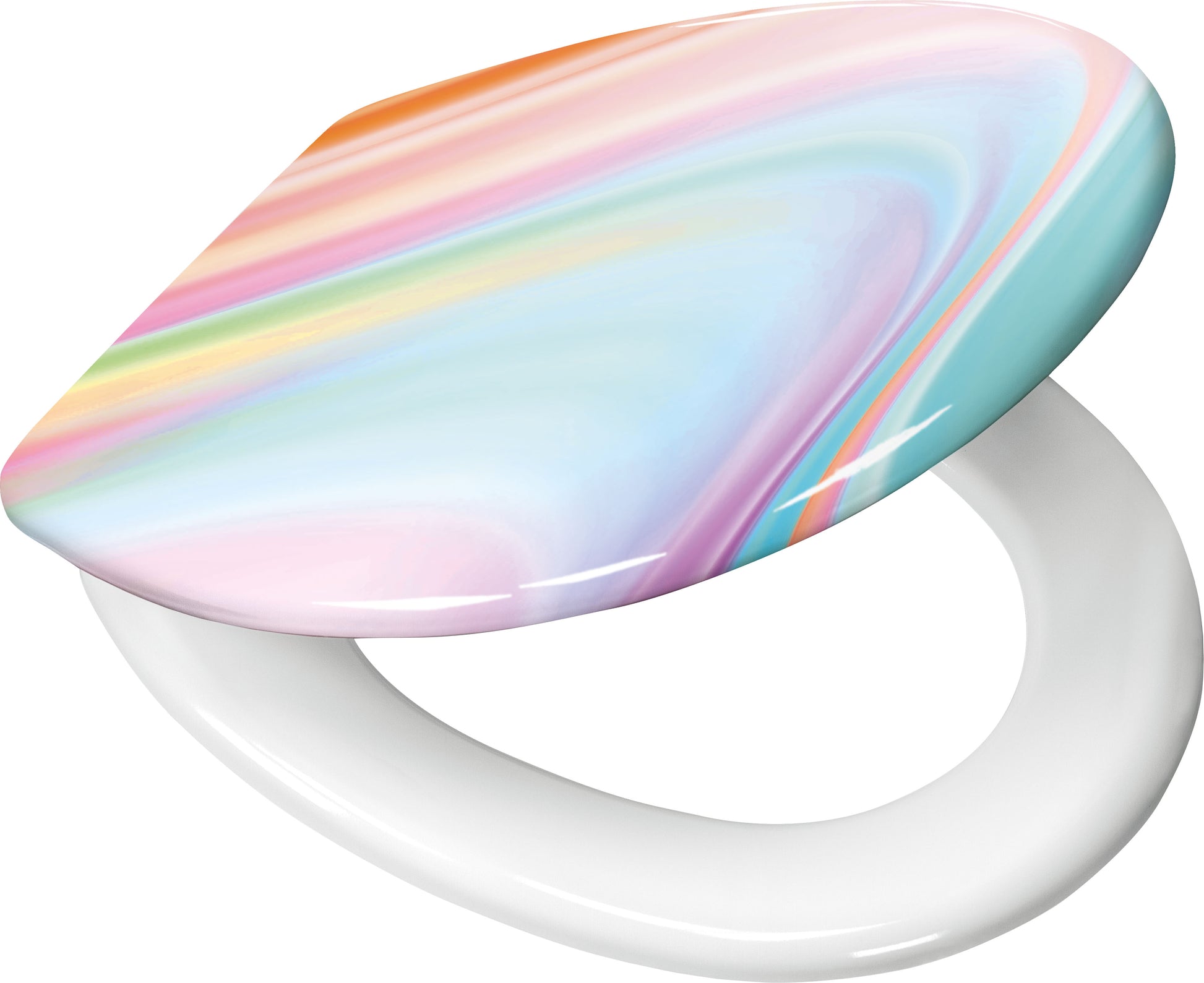 WC-Sitz mit pastellbunt marmoriertem Deckel in Rosa, Blau, Türkis und Gelb