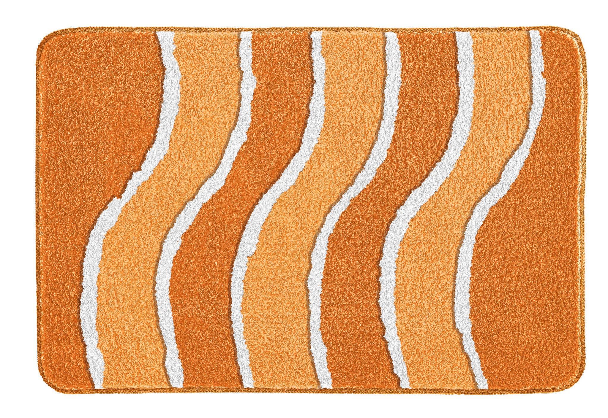 Orange Badematte mit weißen und hellorangen wellenförmigen Streifen