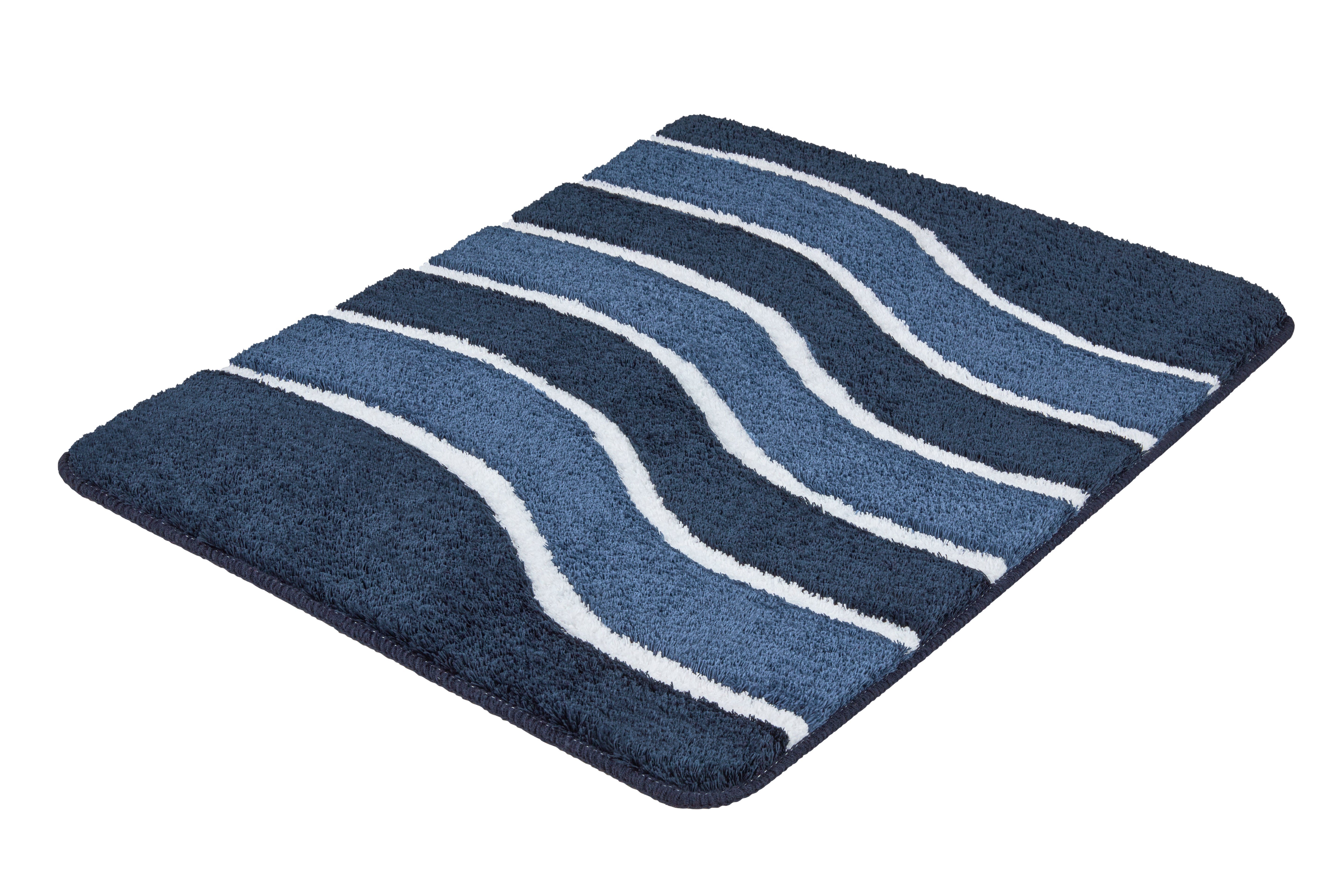 Blauer Badteppich mit weißen Wellenstreifen.