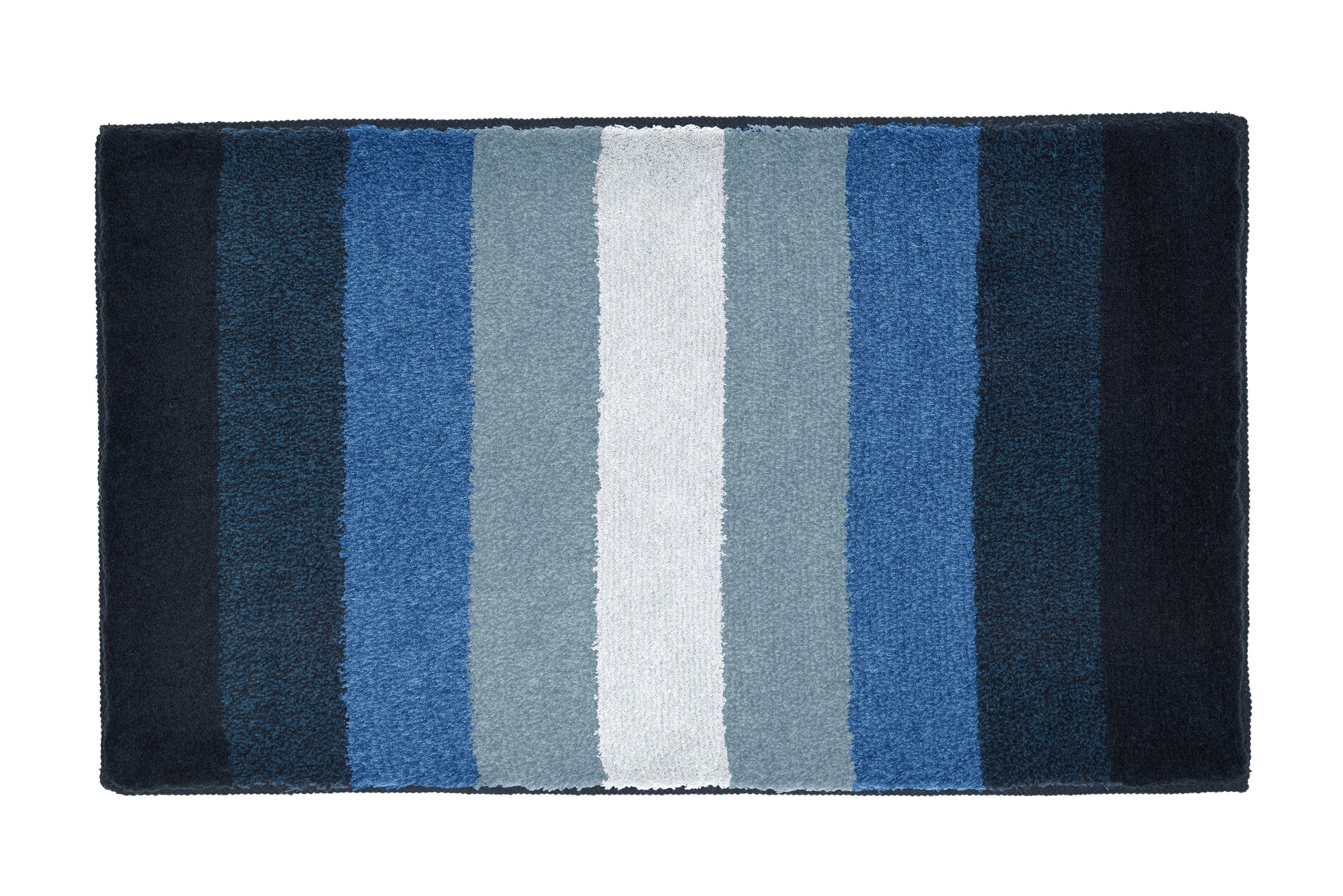 Badematte mit breiten, hochflorigen Streifen in Blau- und Grautönen
