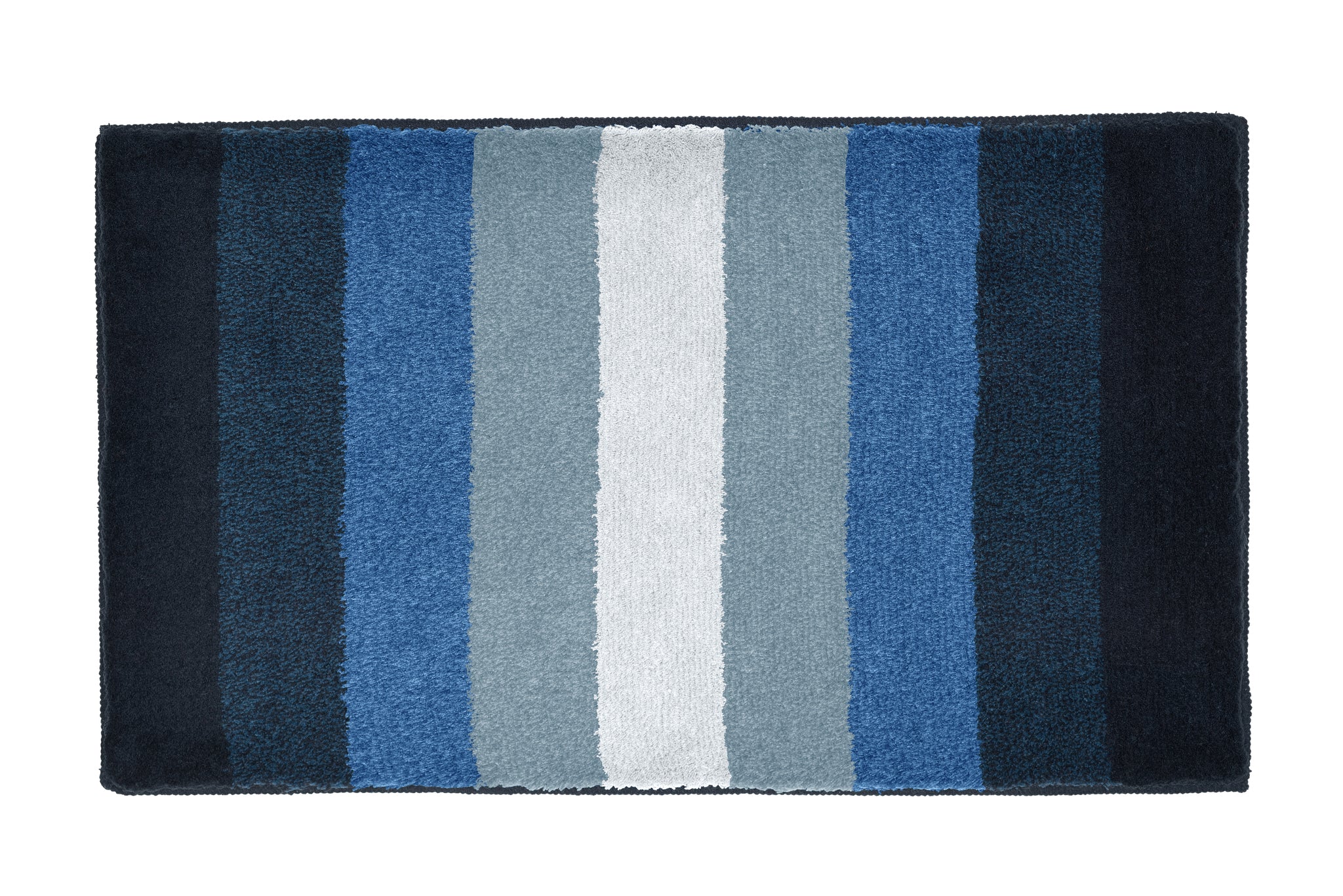 Badematte mit breiten, hochflorigen Streifen in Blau- und Grautönen