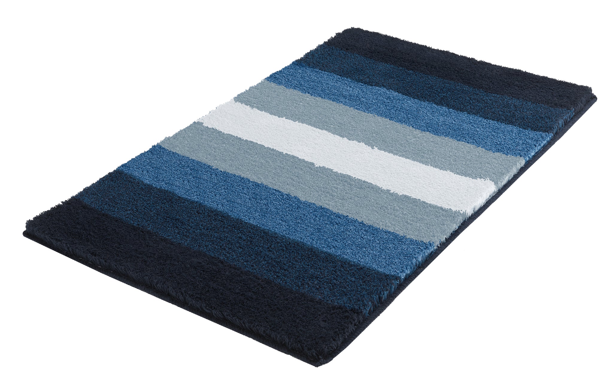 Rechteckige Badematte mit breiten Querstreifen in Blau, Grau, Weiß