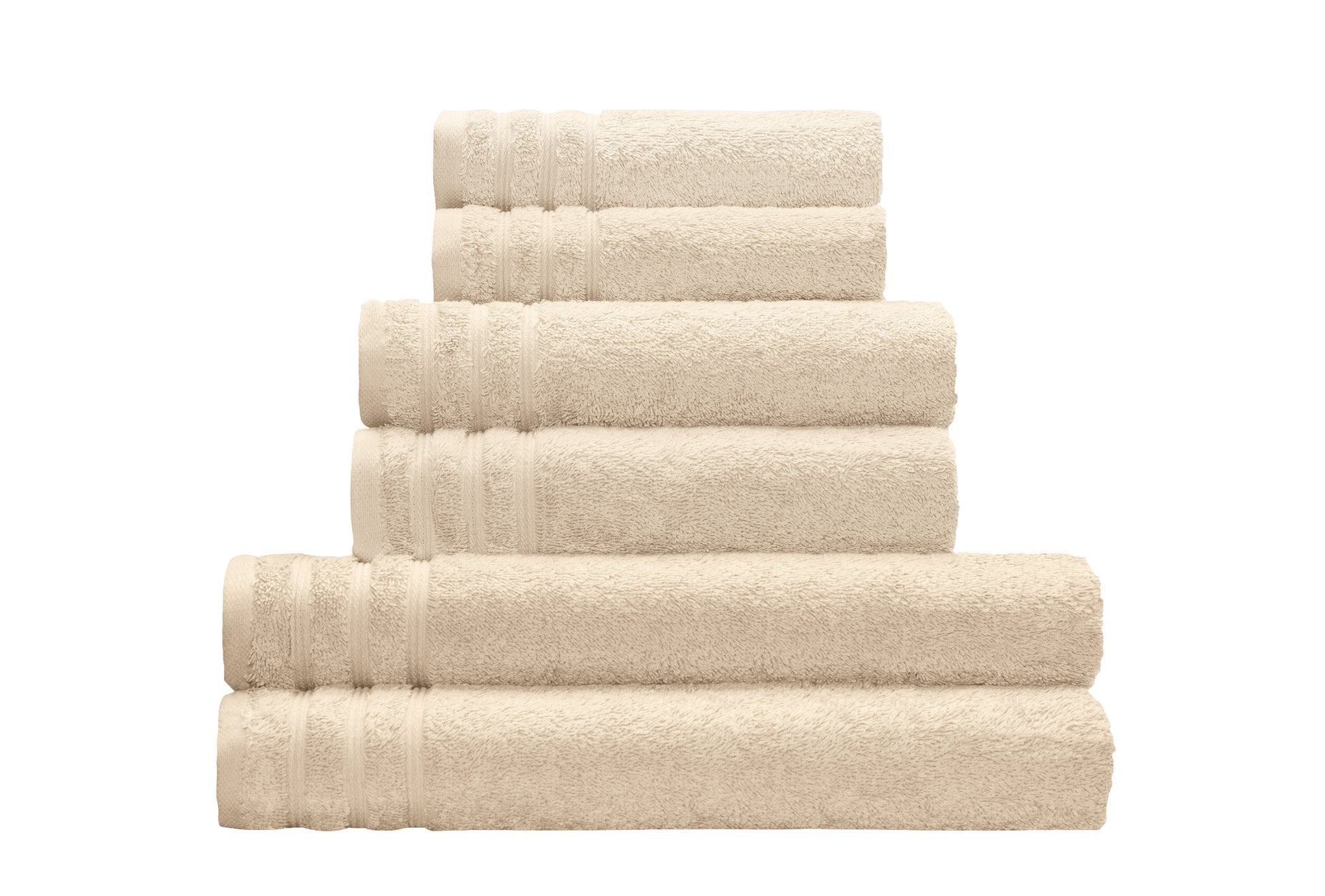 Gestapelte Frottier Handtücher ROYAL in Sandbeige, vorne das Handtuch 50x100 cm sichtbar.