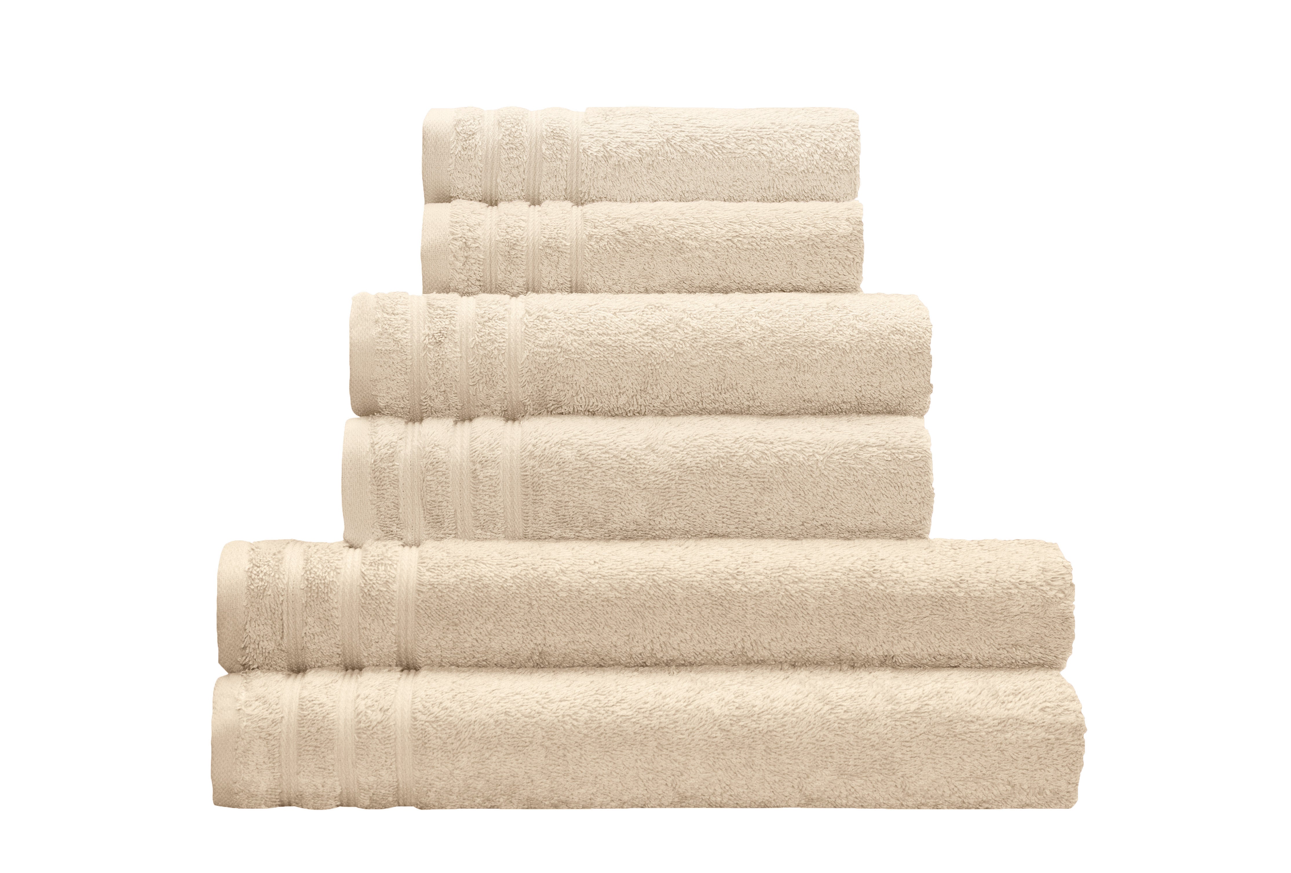 Gestapelte Frottier Handtücher ROYAL in Sandbeige, vorne das Handtuch 50x100 cm sichtbar.