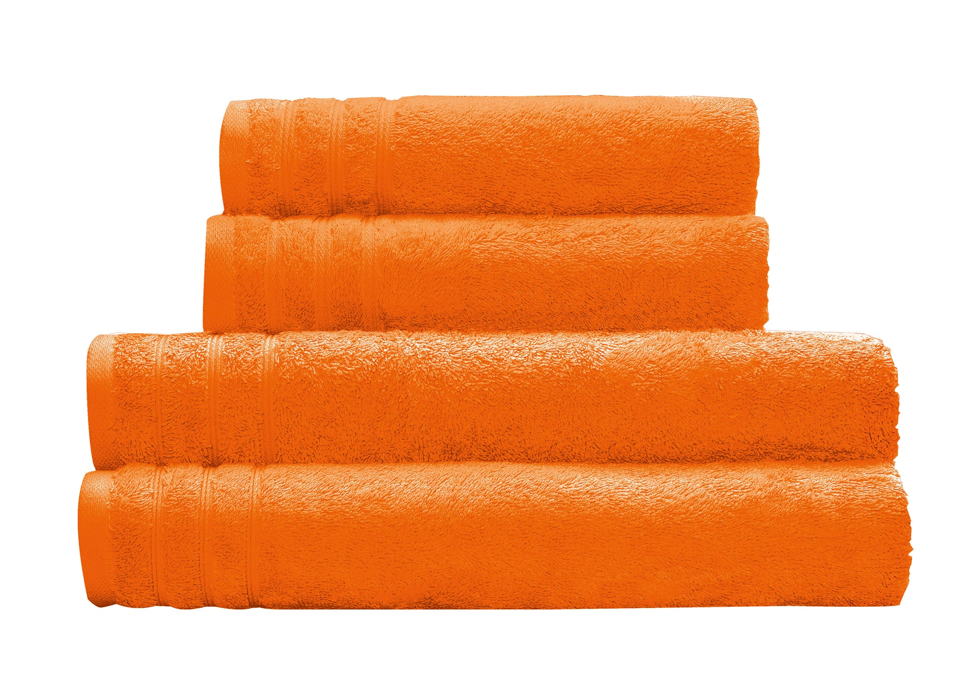 Orange Frottier Duschtücher ROYAL Mandarin 70 x 140 cm liegen gefaltet aufeinander.