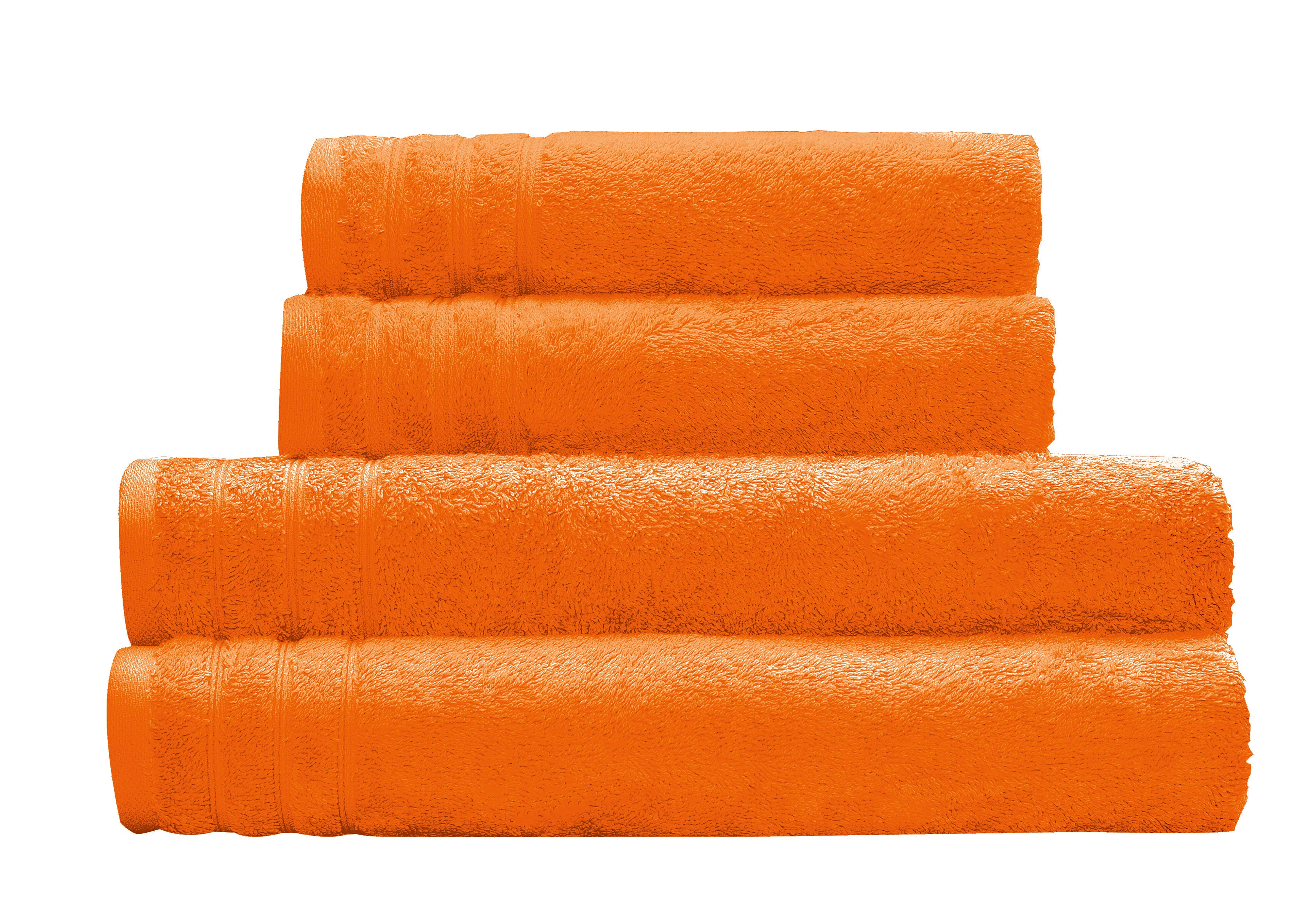 Orange Frottier Duschtücher ROYAL Mandarin 70 x 140 cm liegen gefaltet aufeinander.