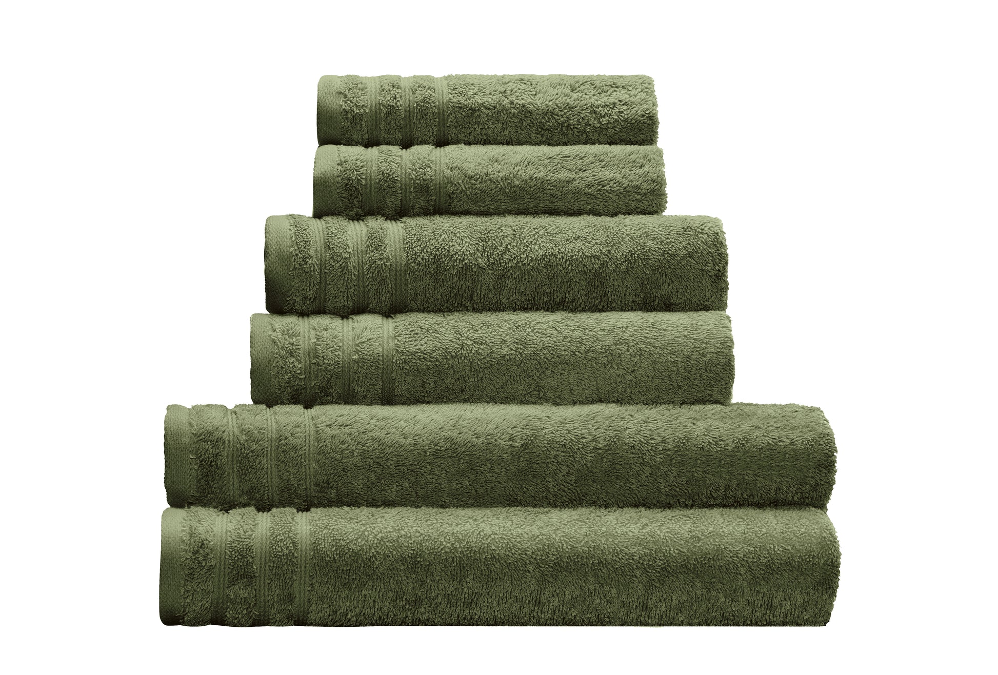 Gestapelte grüne Frottier Duschtücher ROYAL Forest, vorne das Duschtuch 70 x 140 cm.