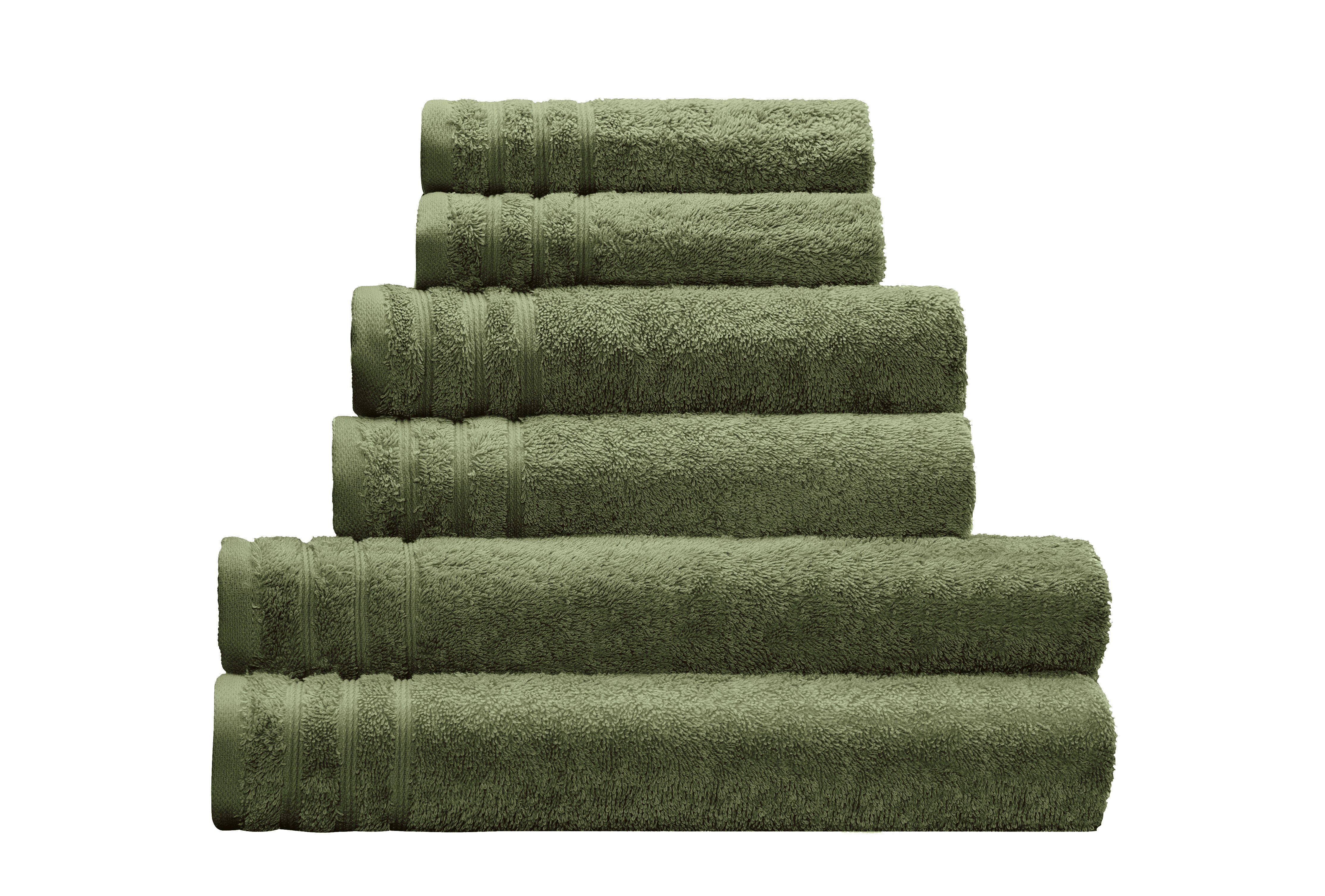 Gestapelte grüne Frottier Duschtücher ROYAL Forest, vorne das Duschtuch 70 x 140 cm.