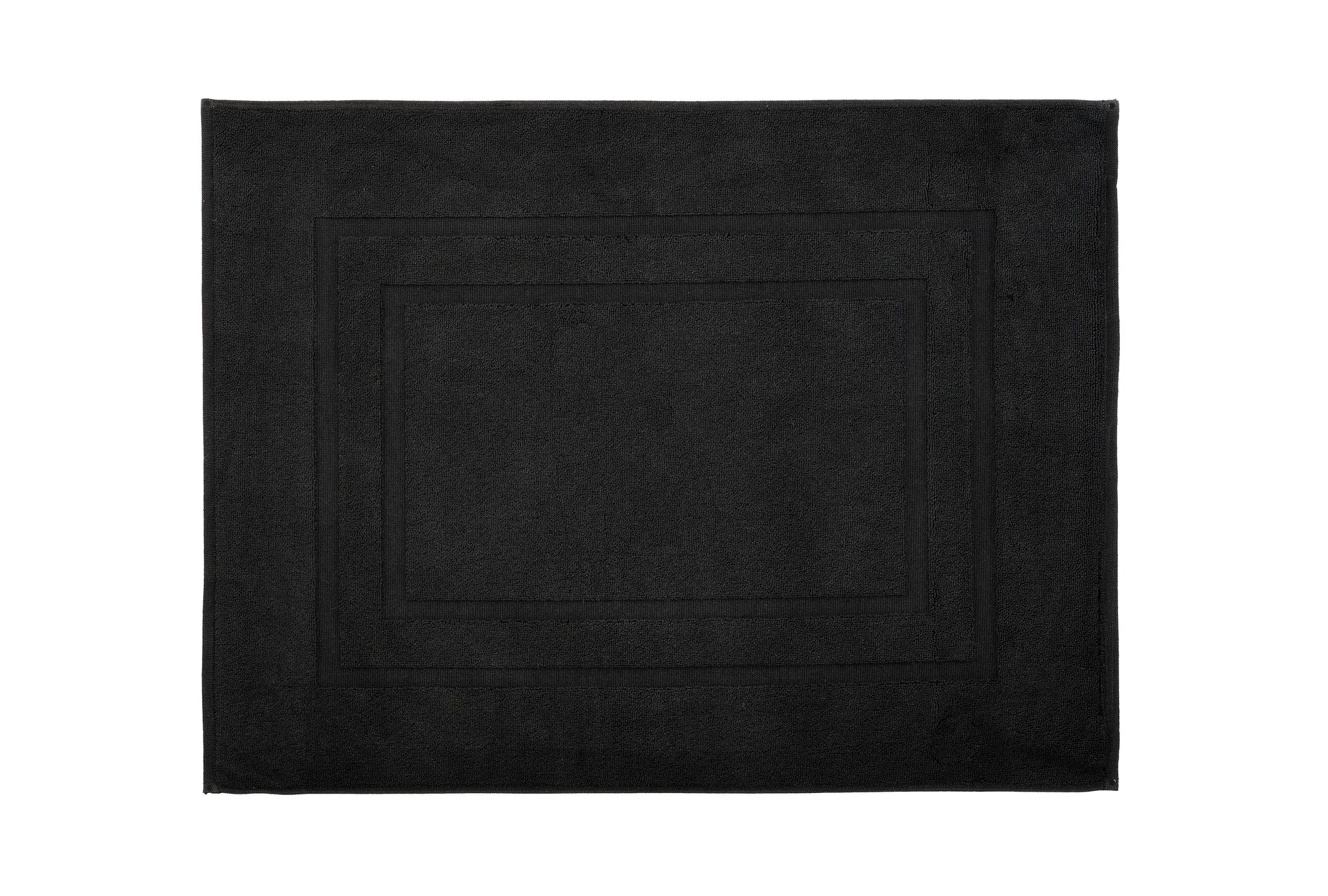 Quadratische schwarze Badematte mit dezentem Randmuster aus Frottier
