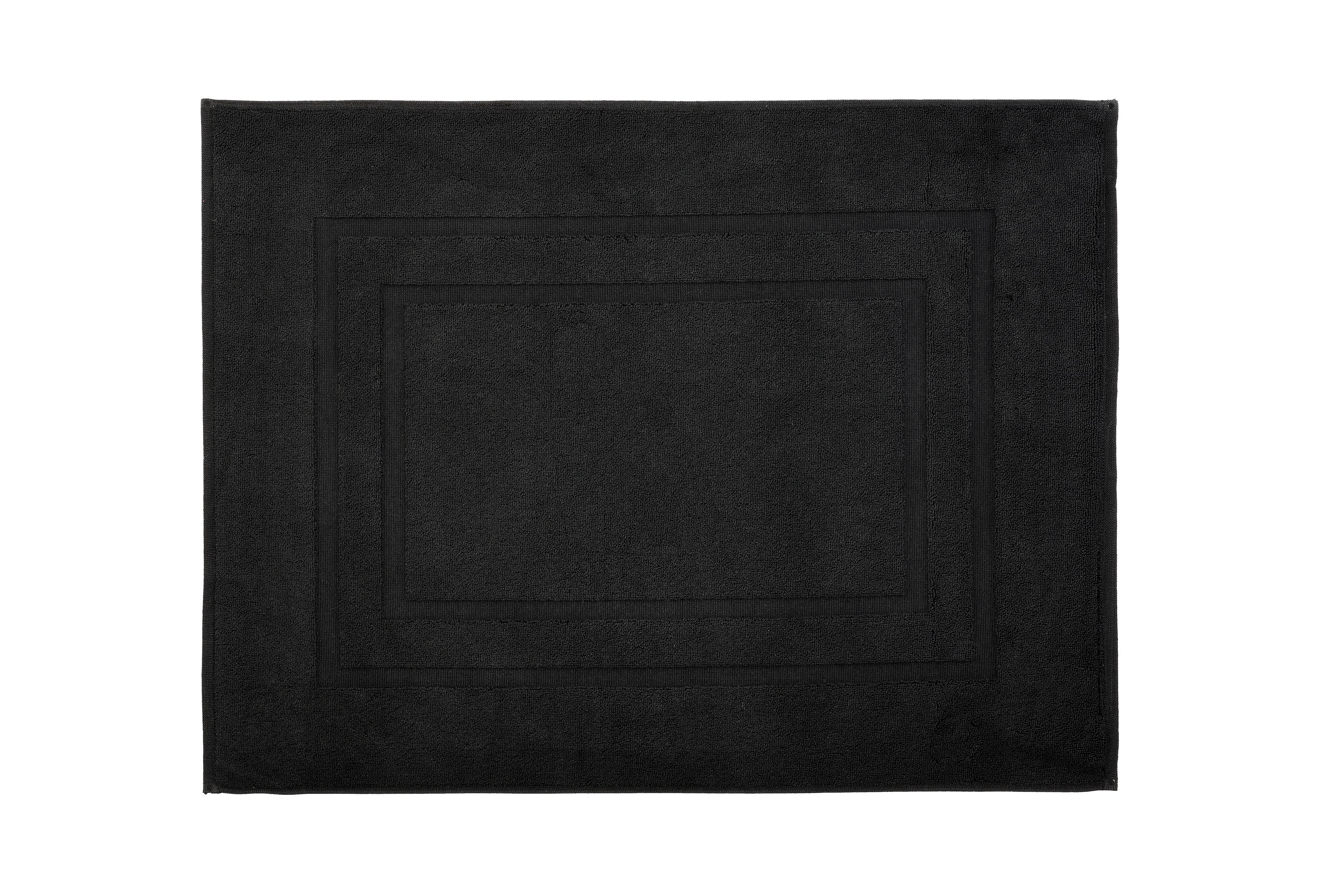Quadratische schwarze Badematte mit dezentem Randmuster aus Frottier