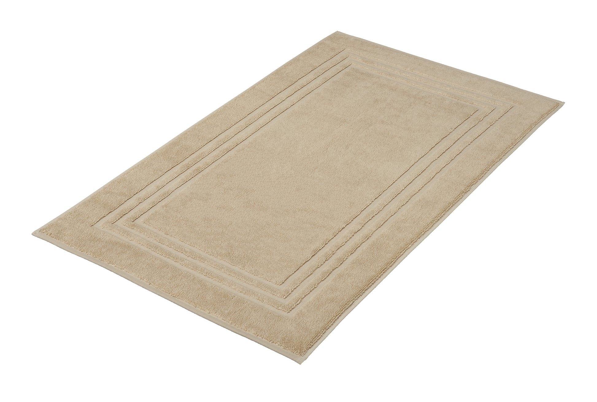 Rechteckige beige Badematte mit breitem, dezent gerahmtem Rand