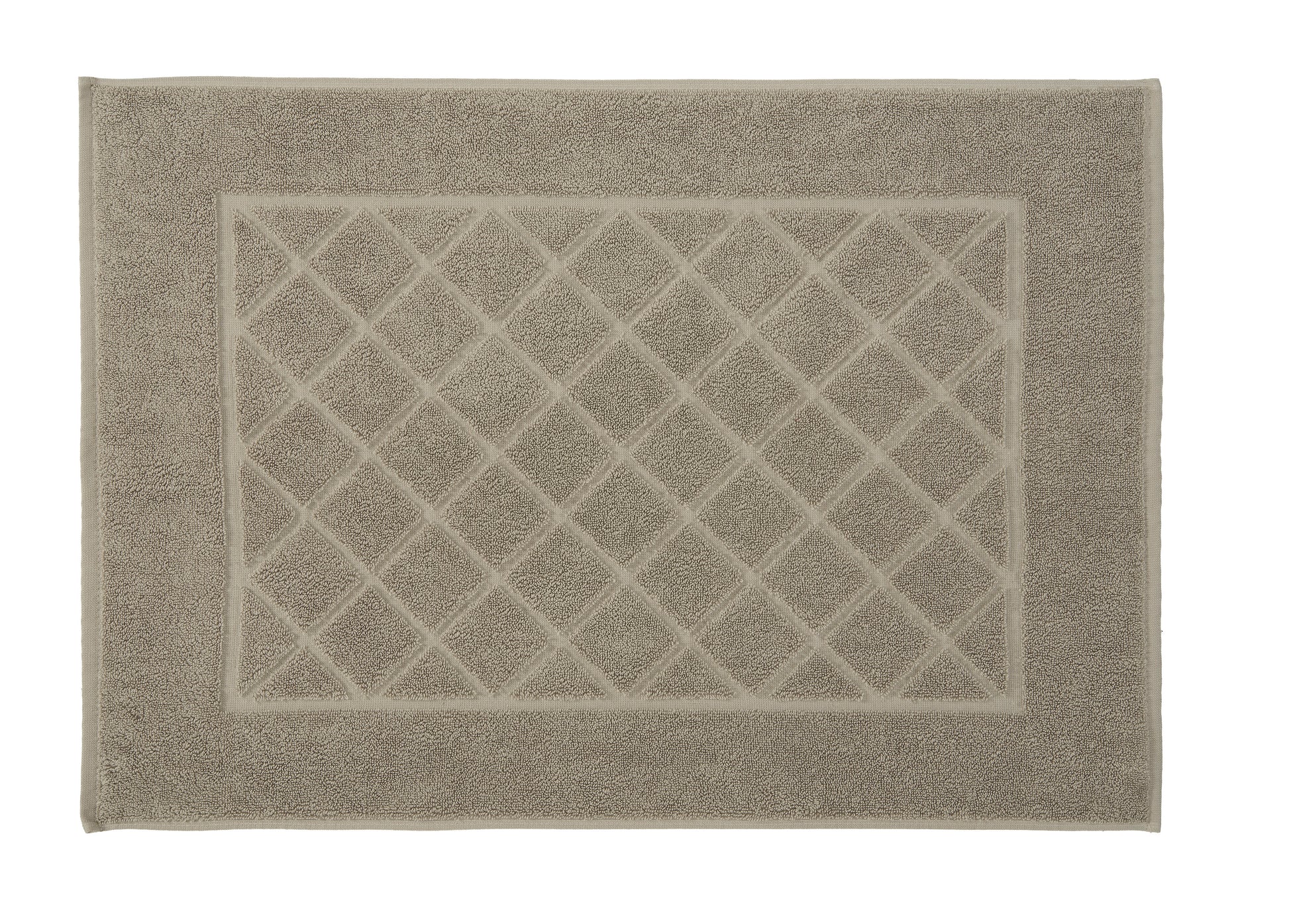 Beiger Badvorleger mit eingewebtem Rautenmuster und Randbordüre