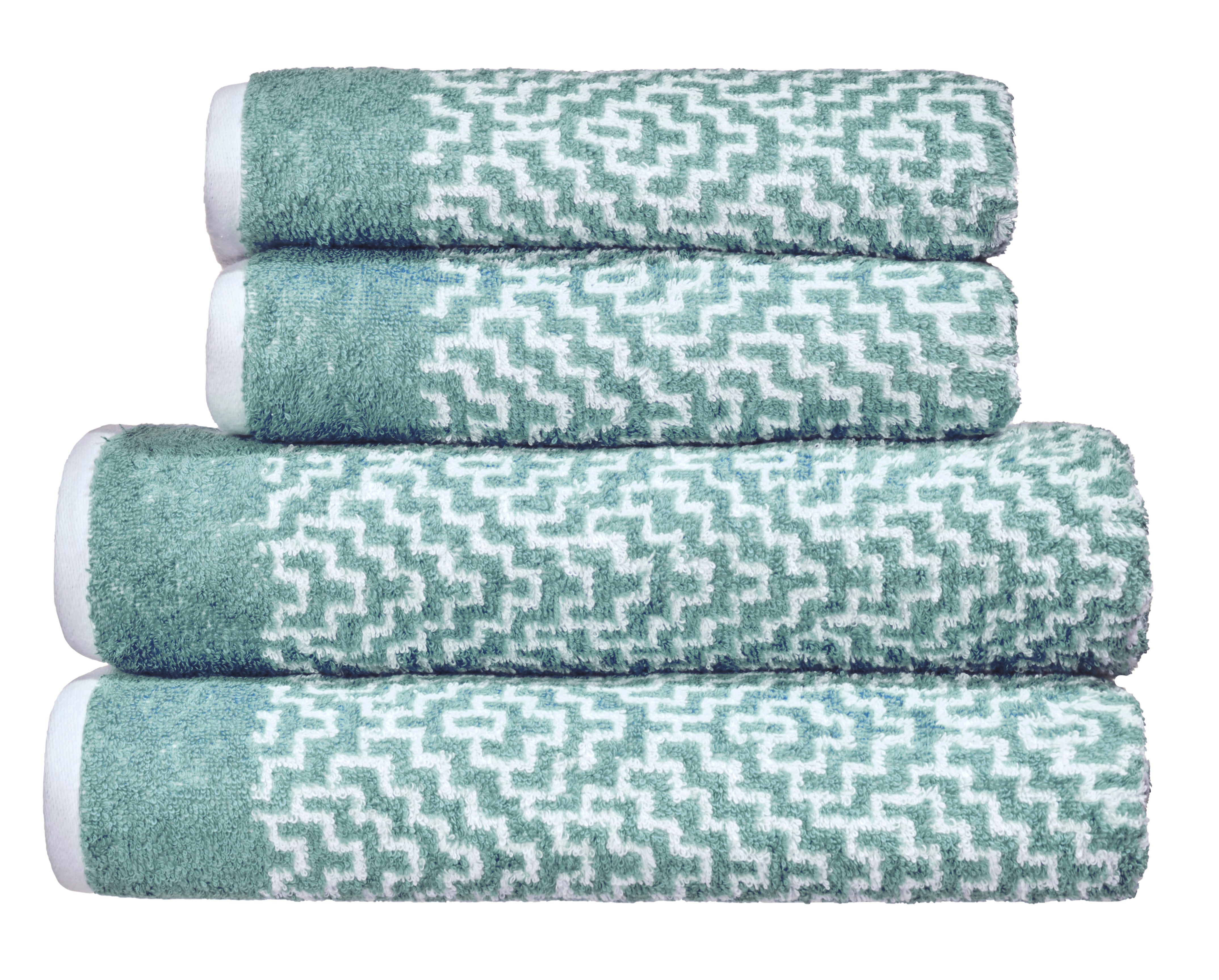 Gestapeltes Set türkisweiß gemusterter flauschiger Hand- und Badetücher