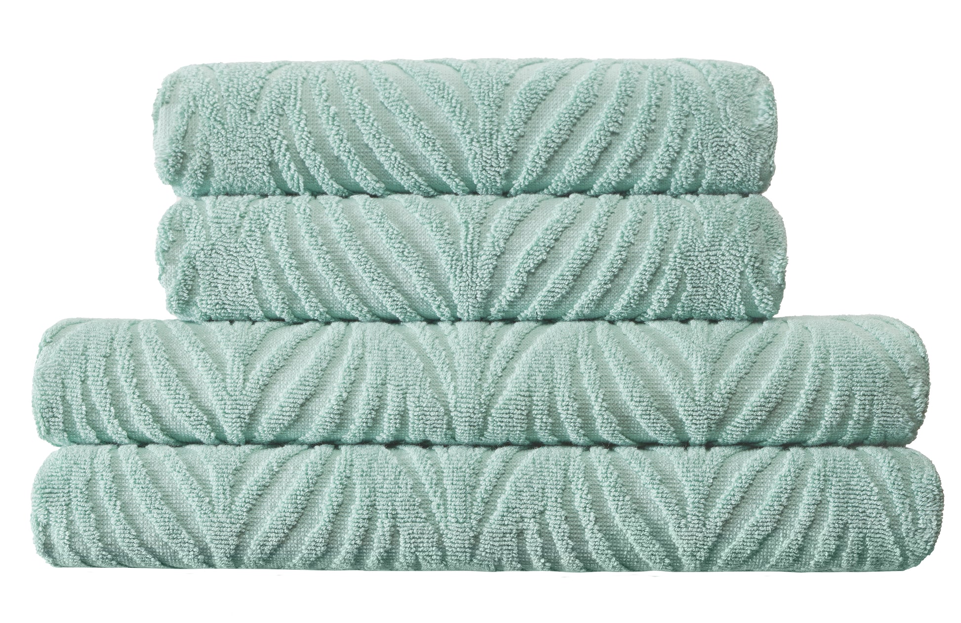 Vier gefaltete mintgrüne Handtücher mit Strukturmuster übereinander