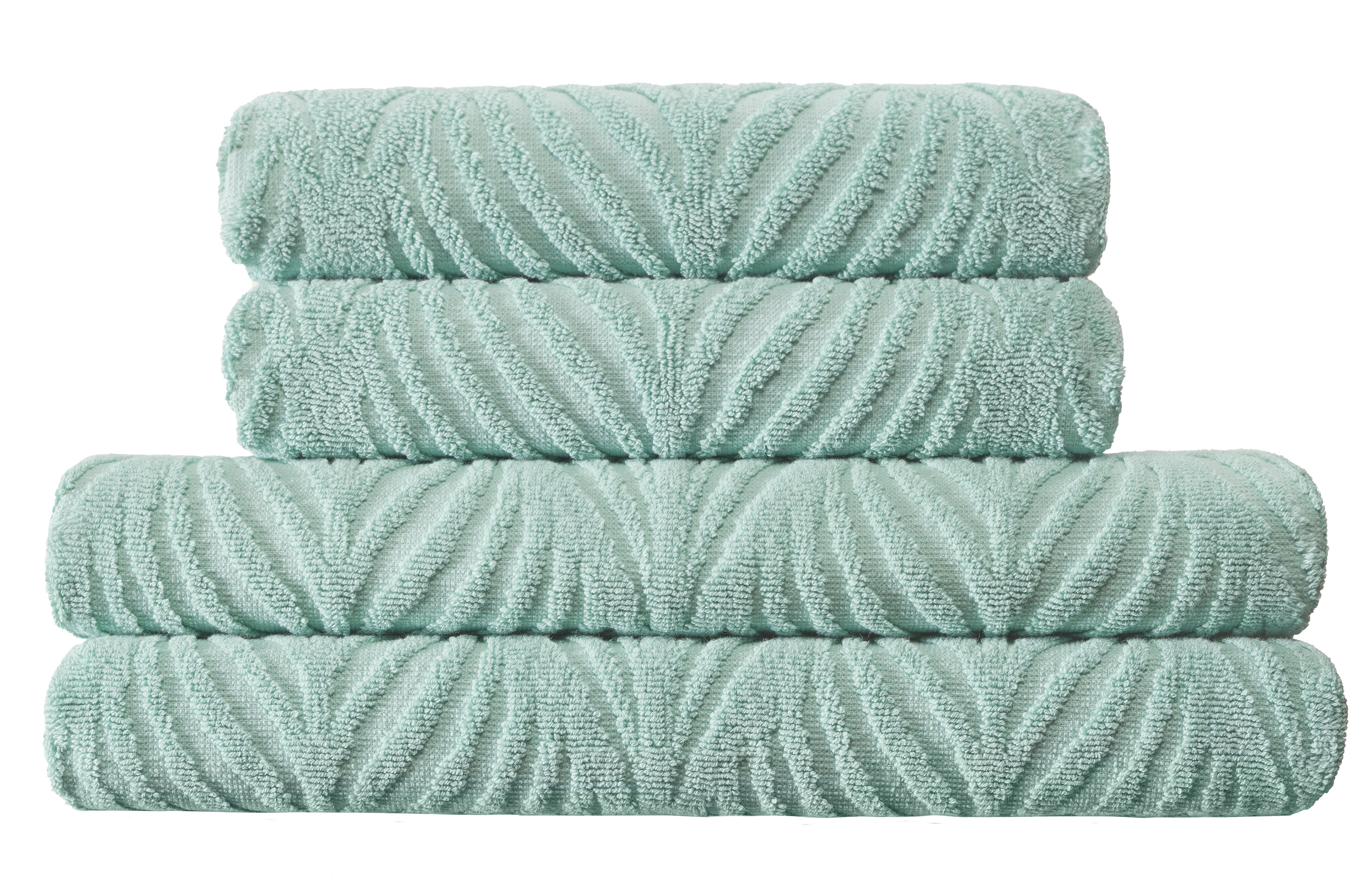 Vier gefaltete mintgrüne Handtücher mit Strukturmuster übereinander