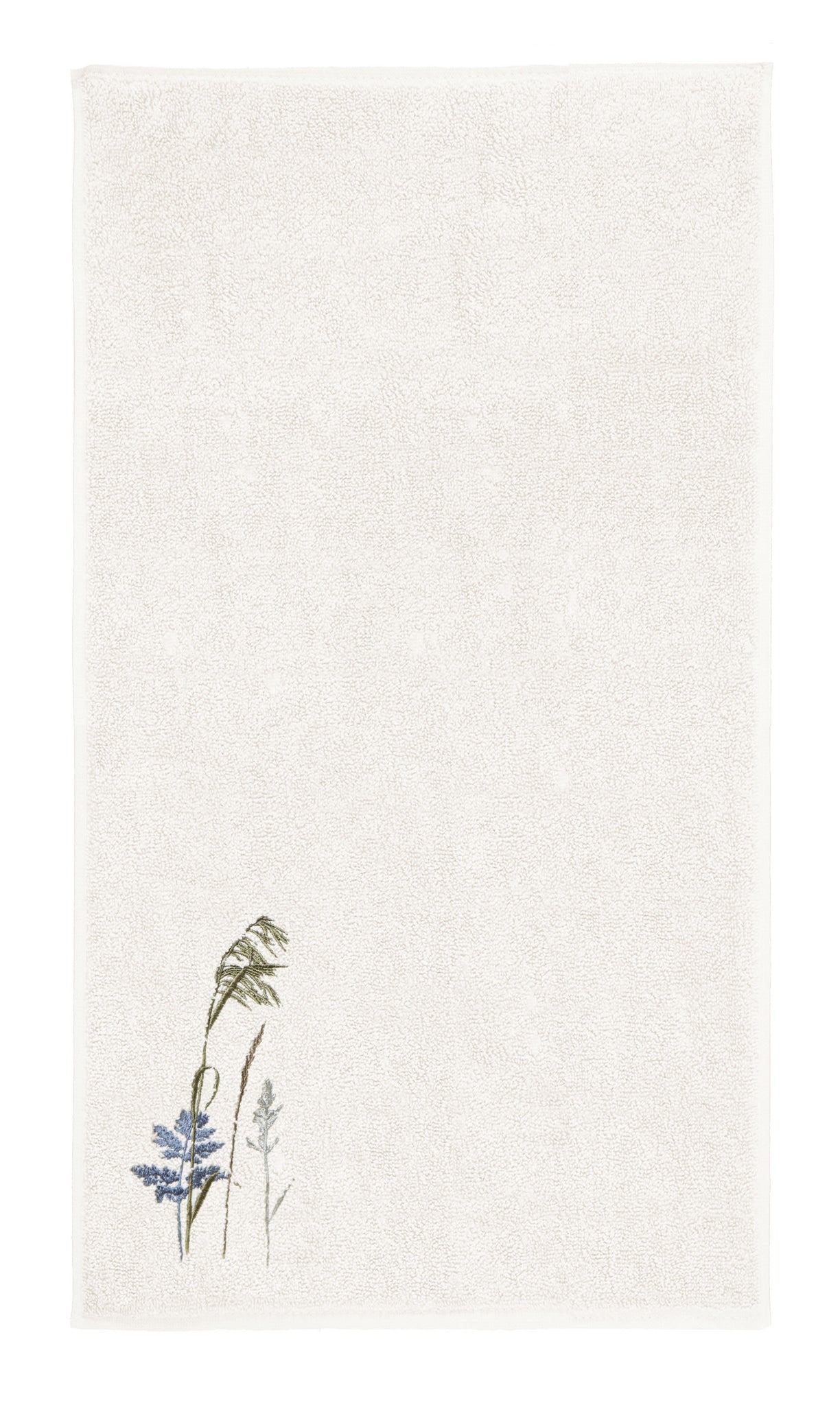 Cremefarbenes Handtuch mit dezent bestickten Gräsern in einer Ecke