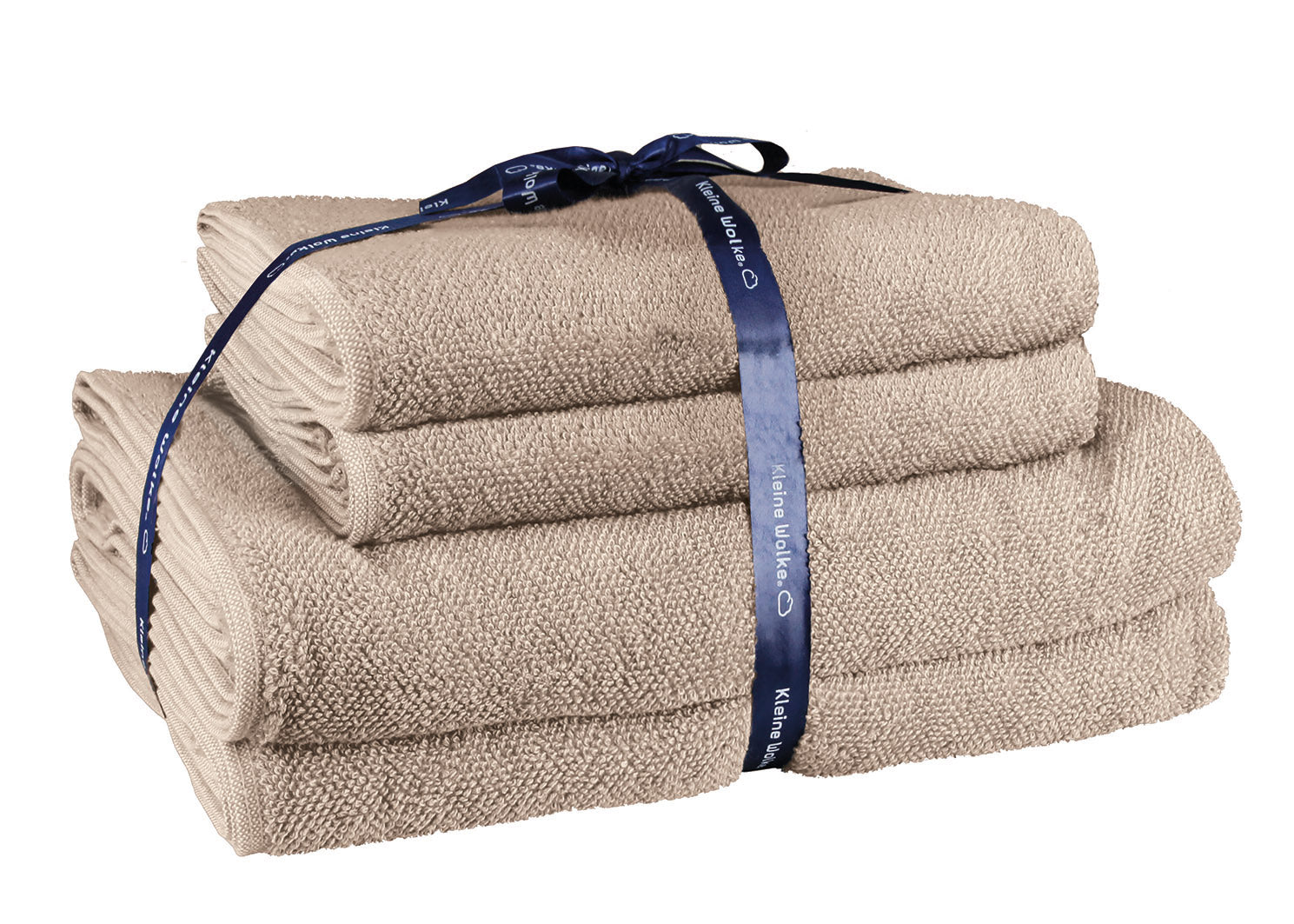 Das Frottier-Set CHILL taupe, 4-teilig, ist mit einem Schleifenband gebunden.