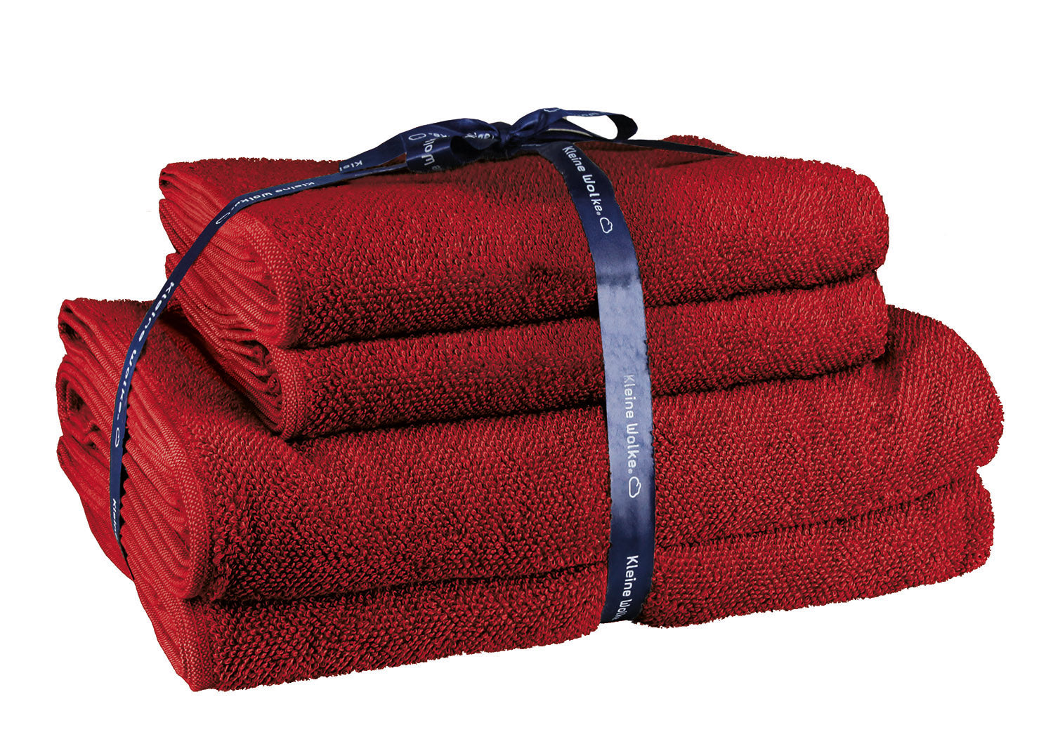 Rotes Frottier-Set CHILL Rubin 4-teilig mit zwei Handtüchern und zwei Duschtüchern, mit Schleife gebunden.