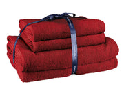 Rotes Frottier-Set CHILL Rubin 4-teilig mit zwei Handtüchern und zwei Duschtüchern, mit Schleife gebunden.