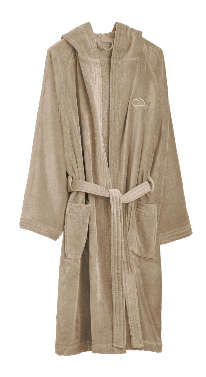 Beiger Kapuzen-Bademantel aus Frottee mit Gürtel und Taschen vorn