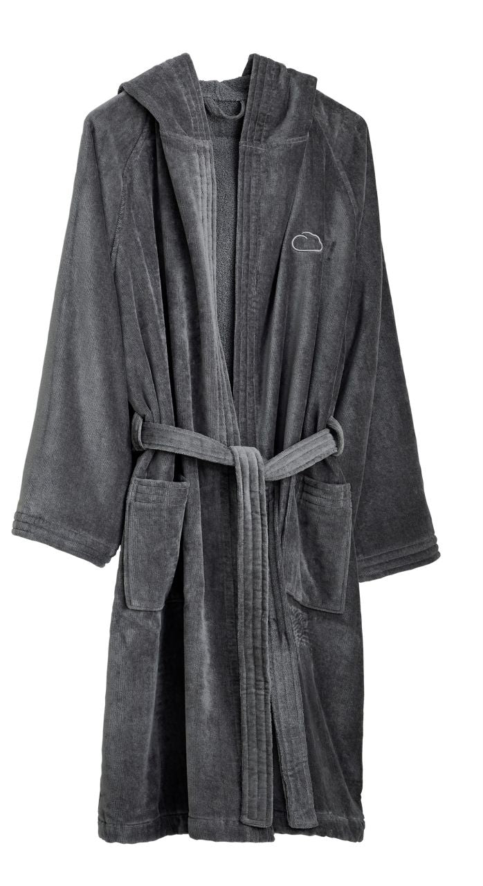 Dunkelgrauer Bademantel mit Kapuze, Bindegürtel und Taschen vorn