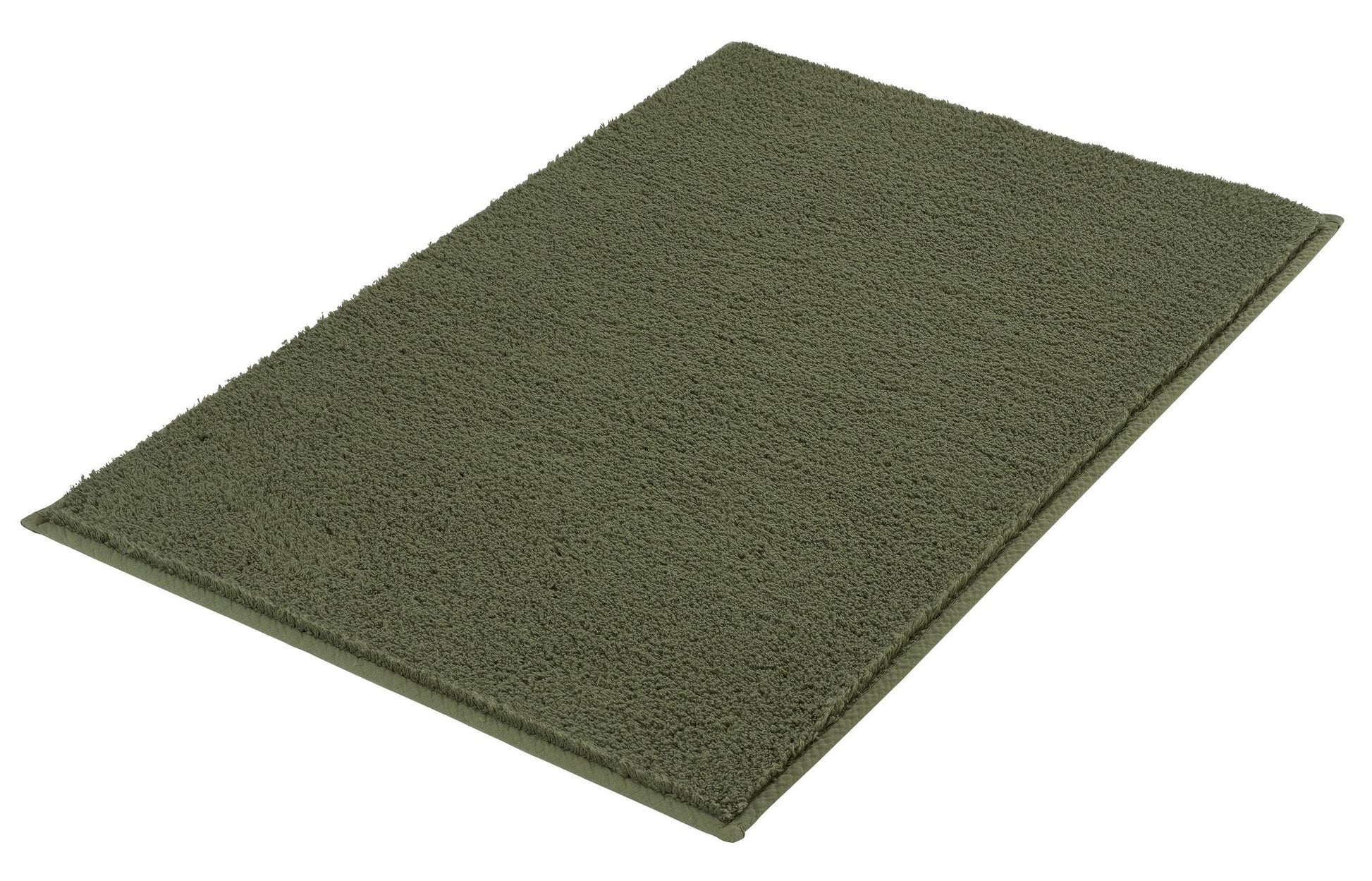 Rechteckiger, olivgrüner Badteppich aus weichem Hochflor von oben